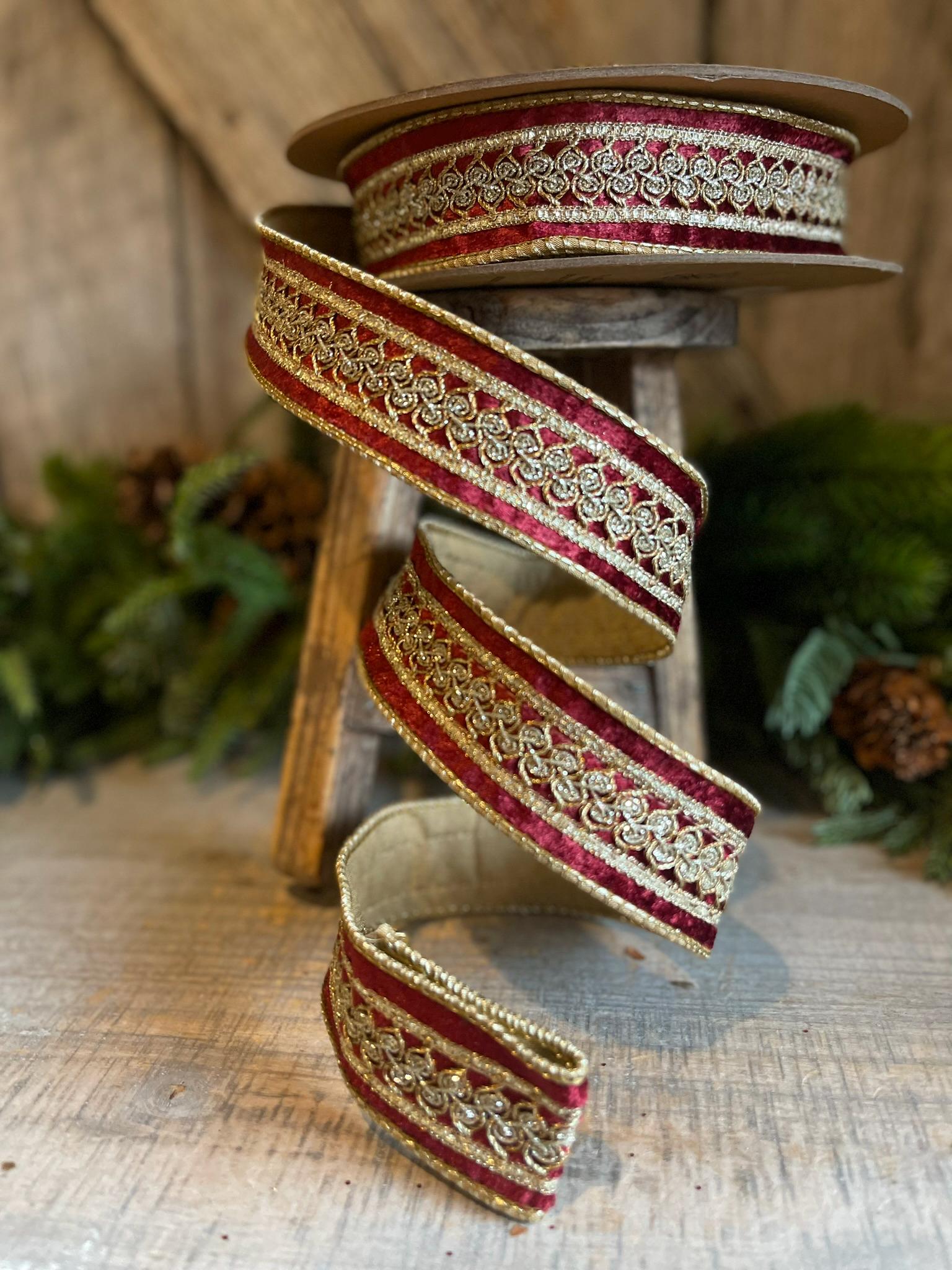 1.5" Burgundy Velvet Trim RIbbon, Red Christmas RIbbon, Burgundy Designer Ribbon, Burgundy Gold Embroidered Ribbon