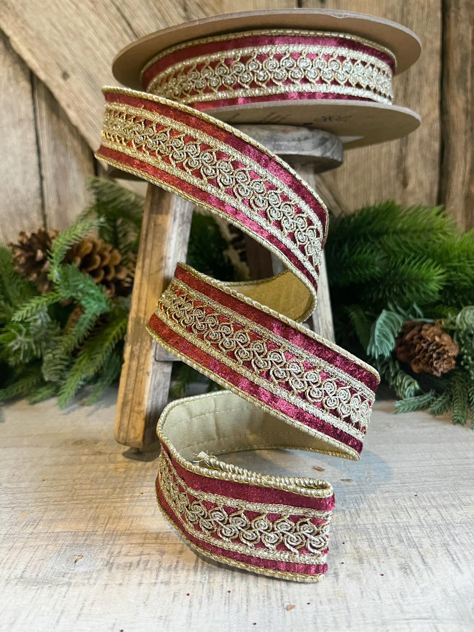 1.5" Burgundy Velvet Trim RIbbon, Red Christmas RIbbon, Burgundy Designer Ribbon, Burgundy Gold Embroidered Ribbon