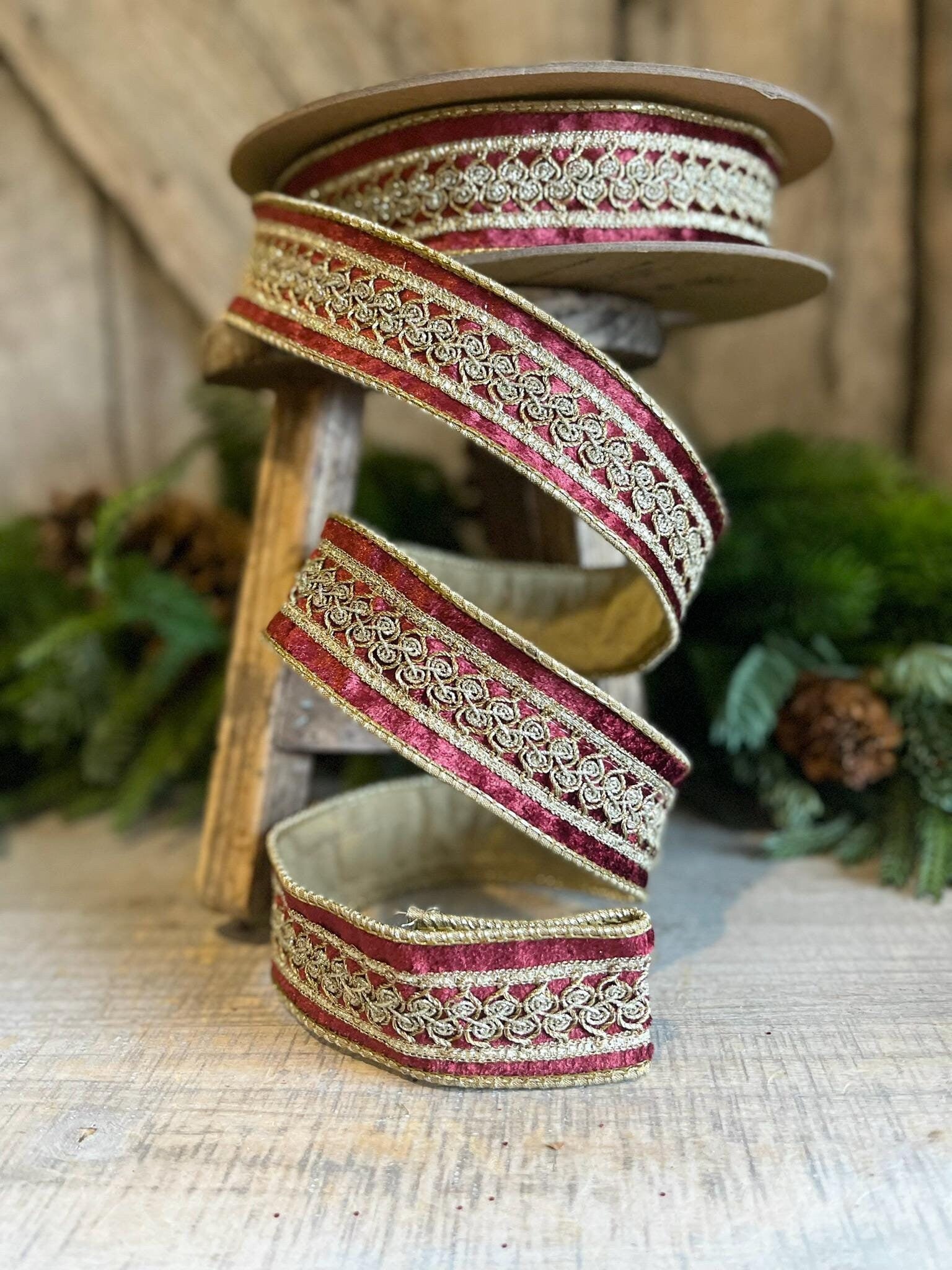 1.5" Burgundy Velvet Trim RIbbon, Red Christmas RIbbon, Burgundy Designer Ribbon, Burgundy Gold Embroidered Ribbon