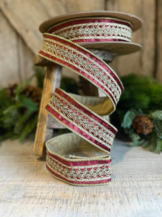 1.5" Burgundy Velvet Trim RIbbon, Red Christmas RIbbon, Burgundy Designer Ribbon, Burgundy Gold Embroidered Ribbon