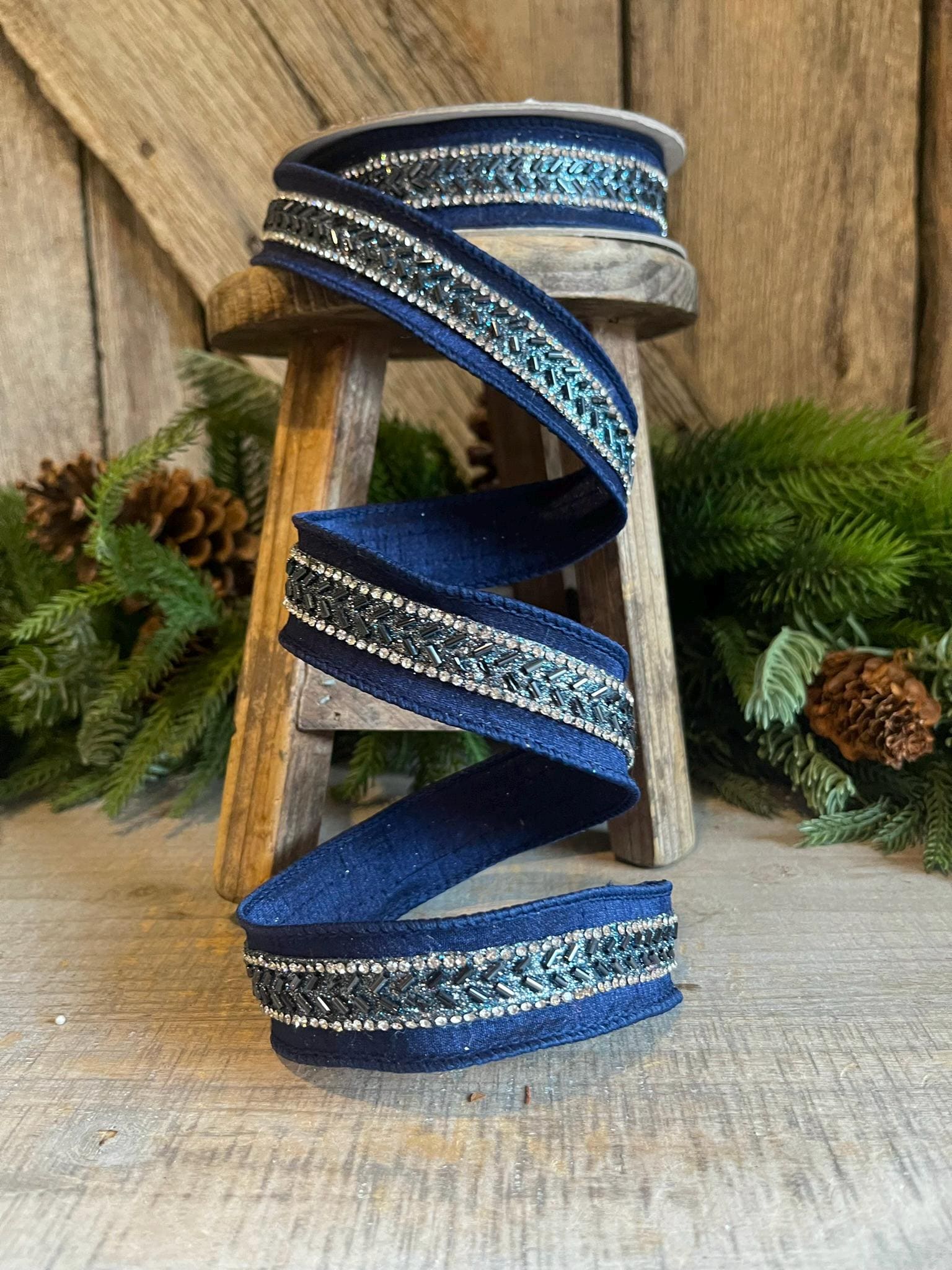 1" Navy Blue Beaded RIbbon, Farrisilk Ribbon