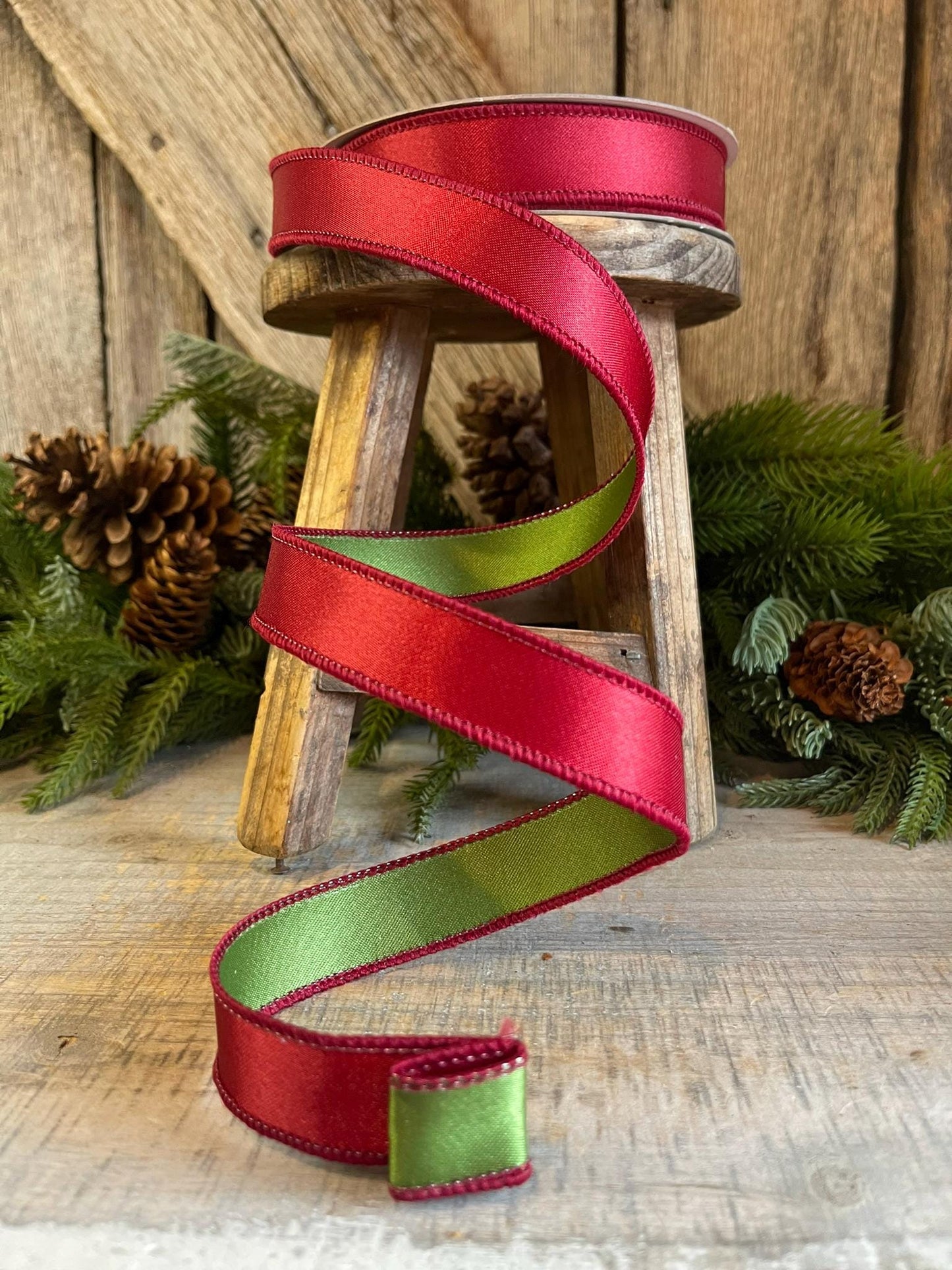 1" Ruby Green Satin Ribbon, Farrisilk Ribbon, Wired Ribbon, Christmas Ribbon, Ruby Red Ribbon, Ruby Forest Green Satin Duo, RS162-03