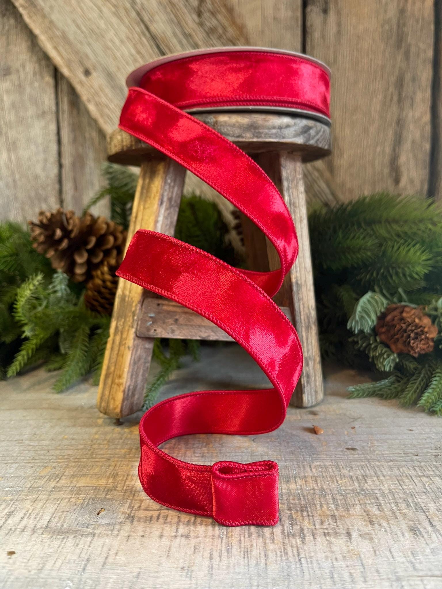 1” Red Silken Velvet Ribbon, Farrisilk ribbon, Velvet ribbon, Christmas Ribbon, Wired Ribbon, Red velvet, Velvet ribbon, Christmas Velvet