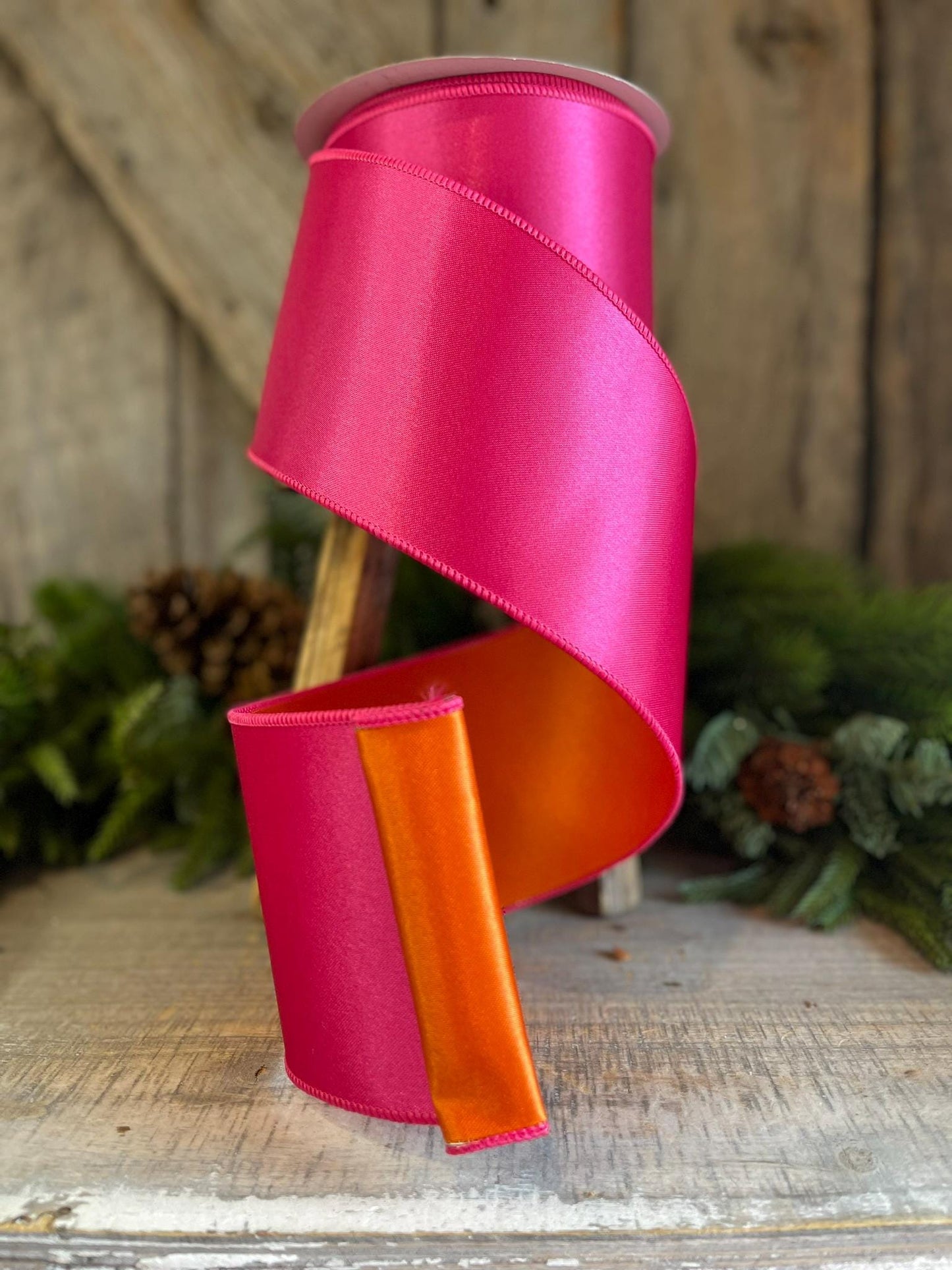 4" Pink Orange Satin Ribbon, Farrisilk Ribbon, Wired Ribbon, Pink Ribbon, Pink Orange Ribbon, Double Sided Ribbon, Christmas, RS164-52