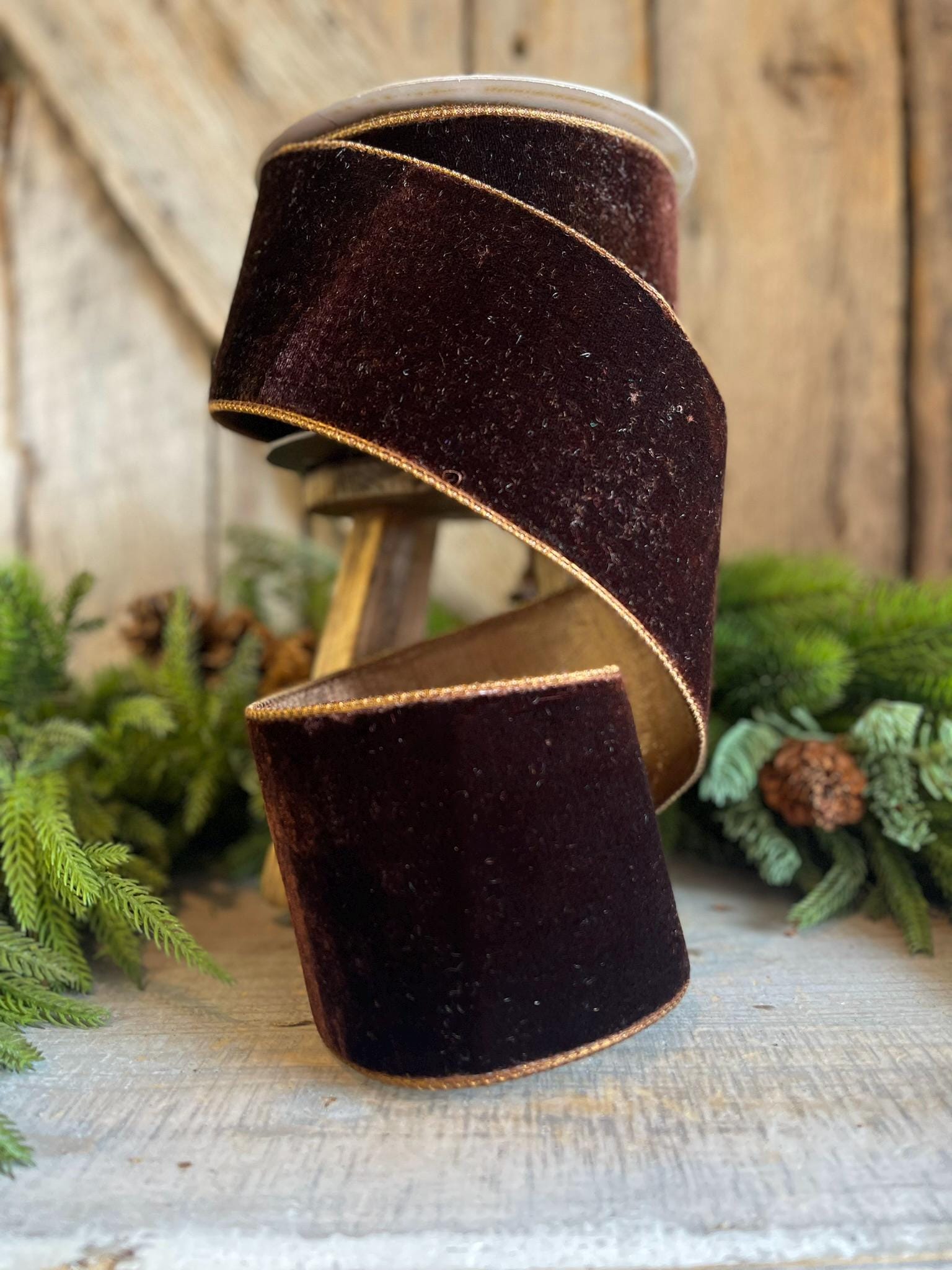 4” Chocolate Velvet Ribbon, Farrisilk ribbon, designer ribbon, Brown Velvet RIbbon, Christmas Ribbon, Woodsy Christmas Decor, RV003-23