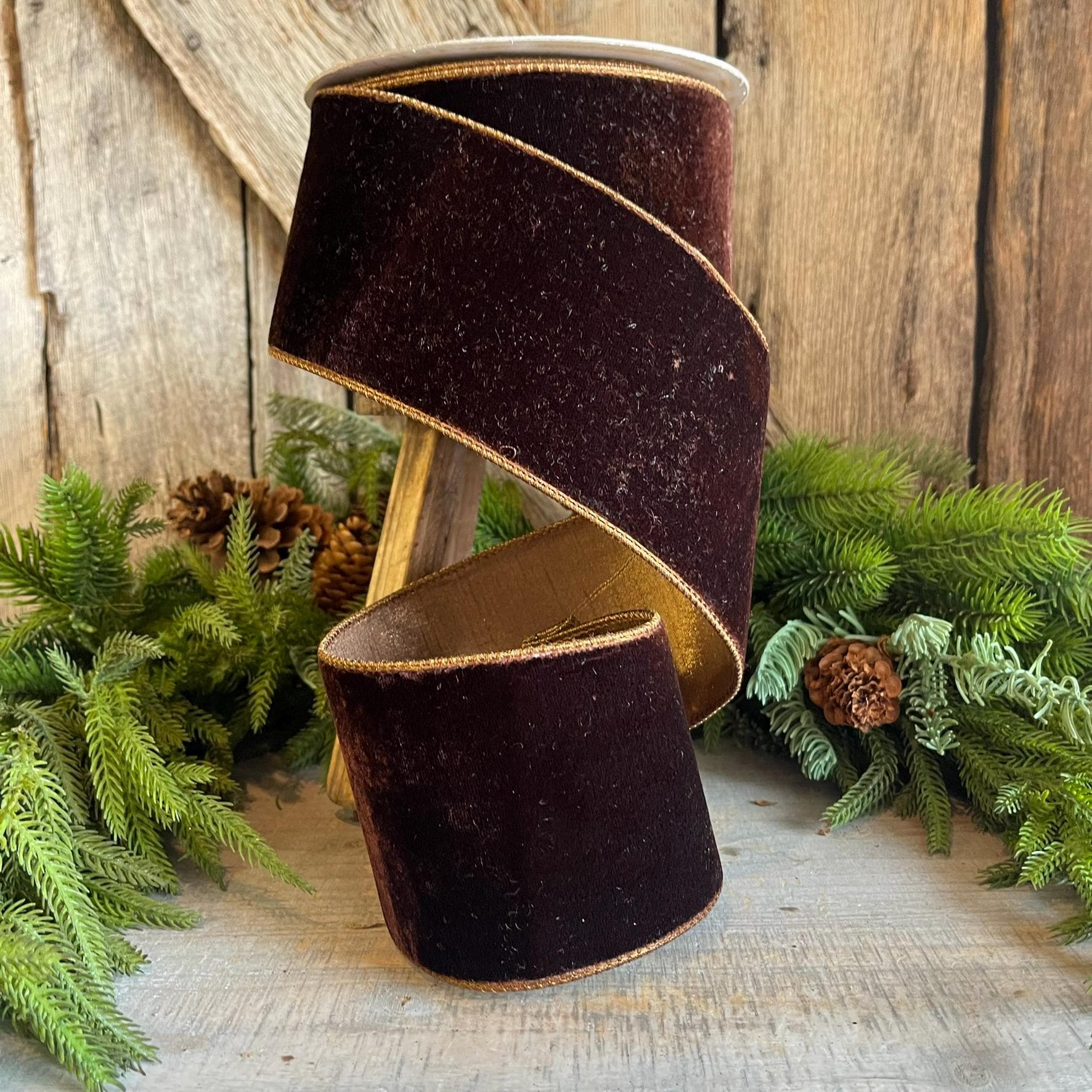 4” Chocolate Velvet Ribbon, Farrisilk ribbon, designer ribbon, Brown Velvet RIbbon, Christmas Ribbon, Woodsy Christmas Decor, RV003-23