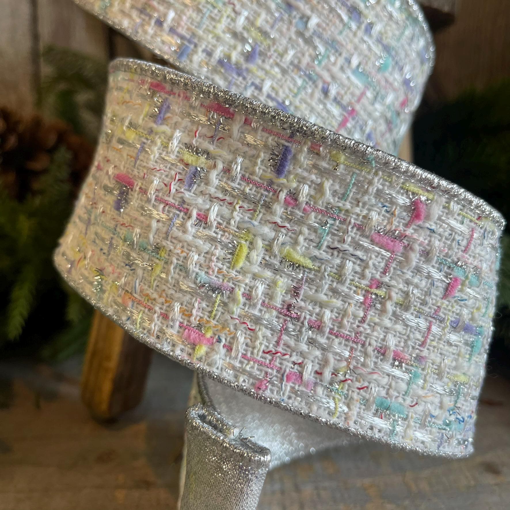 2.5" White Tweed Ribbon, Pastel Christmas Ribbon