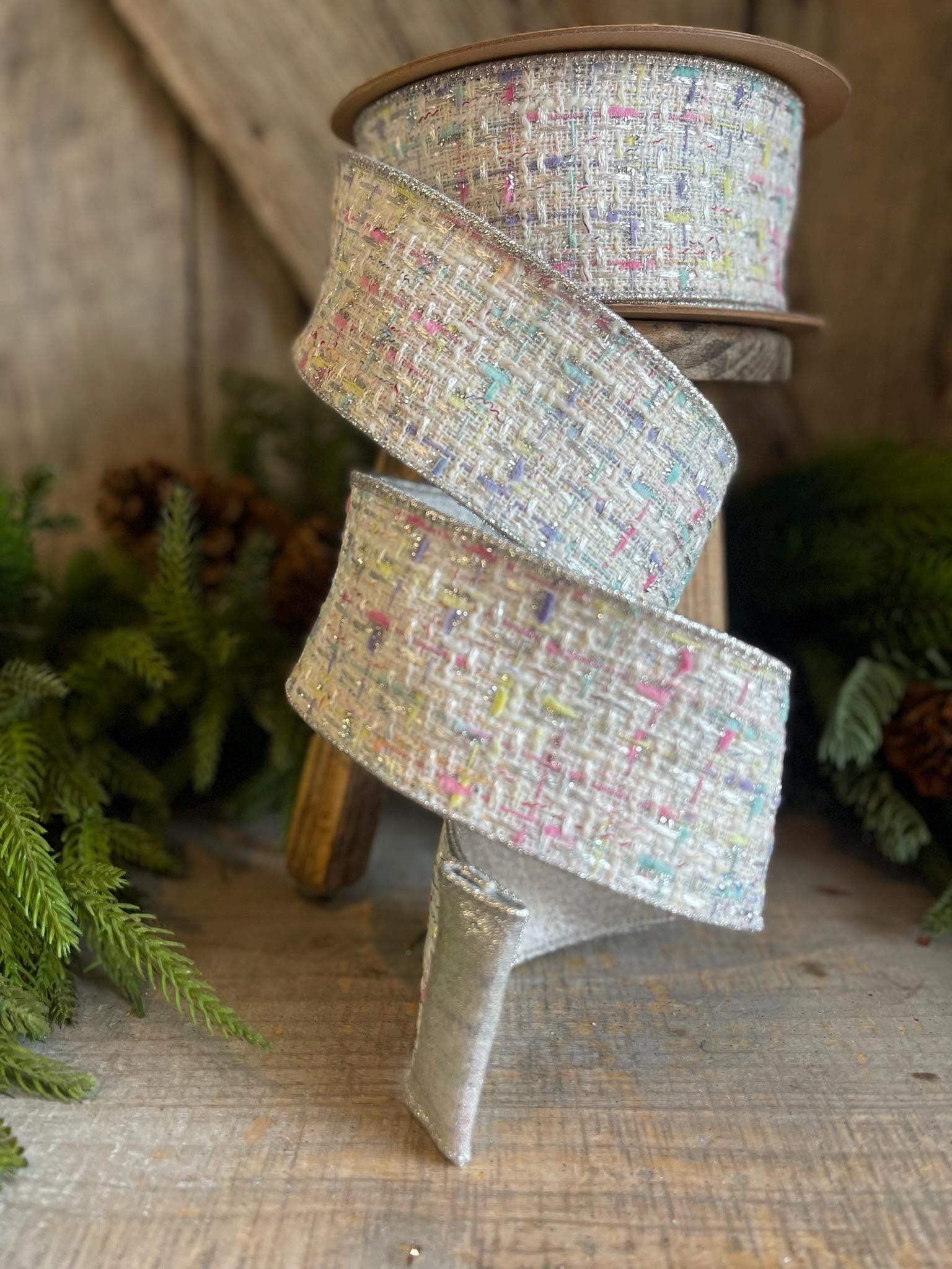 2.5" White Tweed Ribbon, Pastel Christmas Ribbon, Designer Ribbon, White Christmas Tree Ribbon, White Tweed, Designer Inspired RIbbon