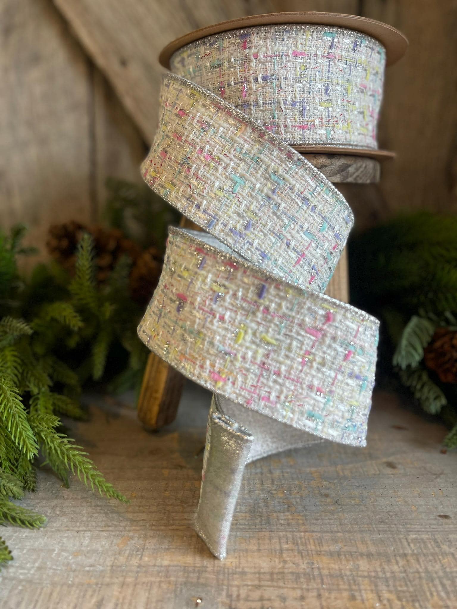 2.5" White Tweed Ribbon, Pastel Christmas Ribbon