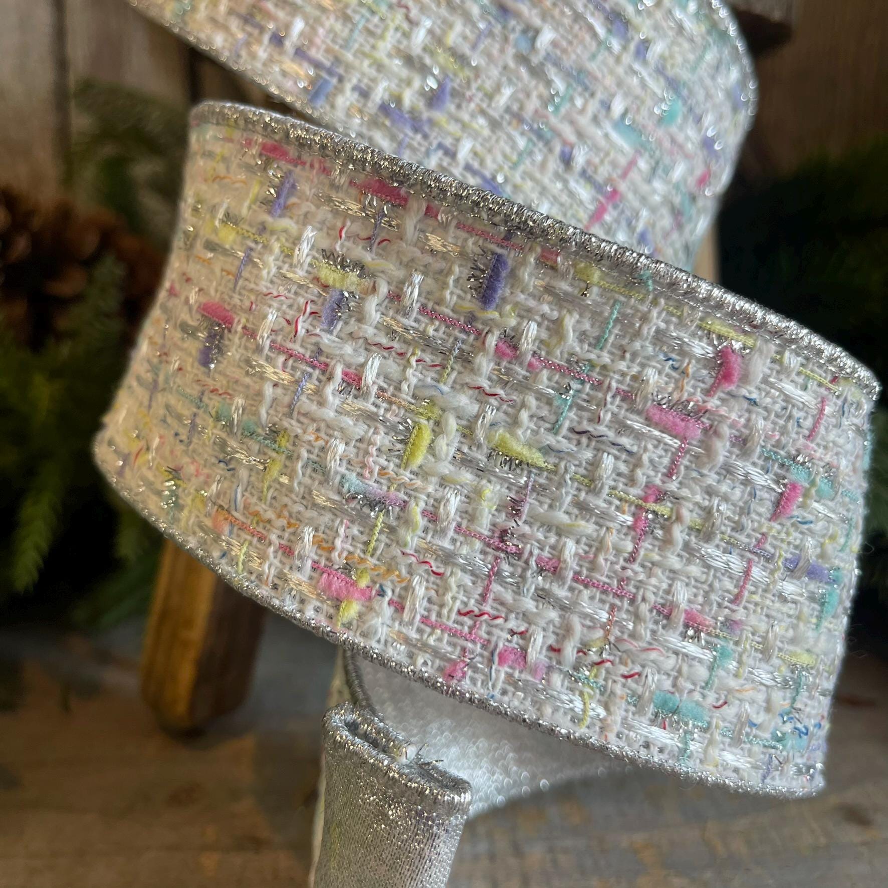 2.5" White Tweed Ribbon, Pastel Christmas Ribbon, Designer Ribbon, White Christmas Tree Ribbon, White Tweed, Designer Inspired RIbbon