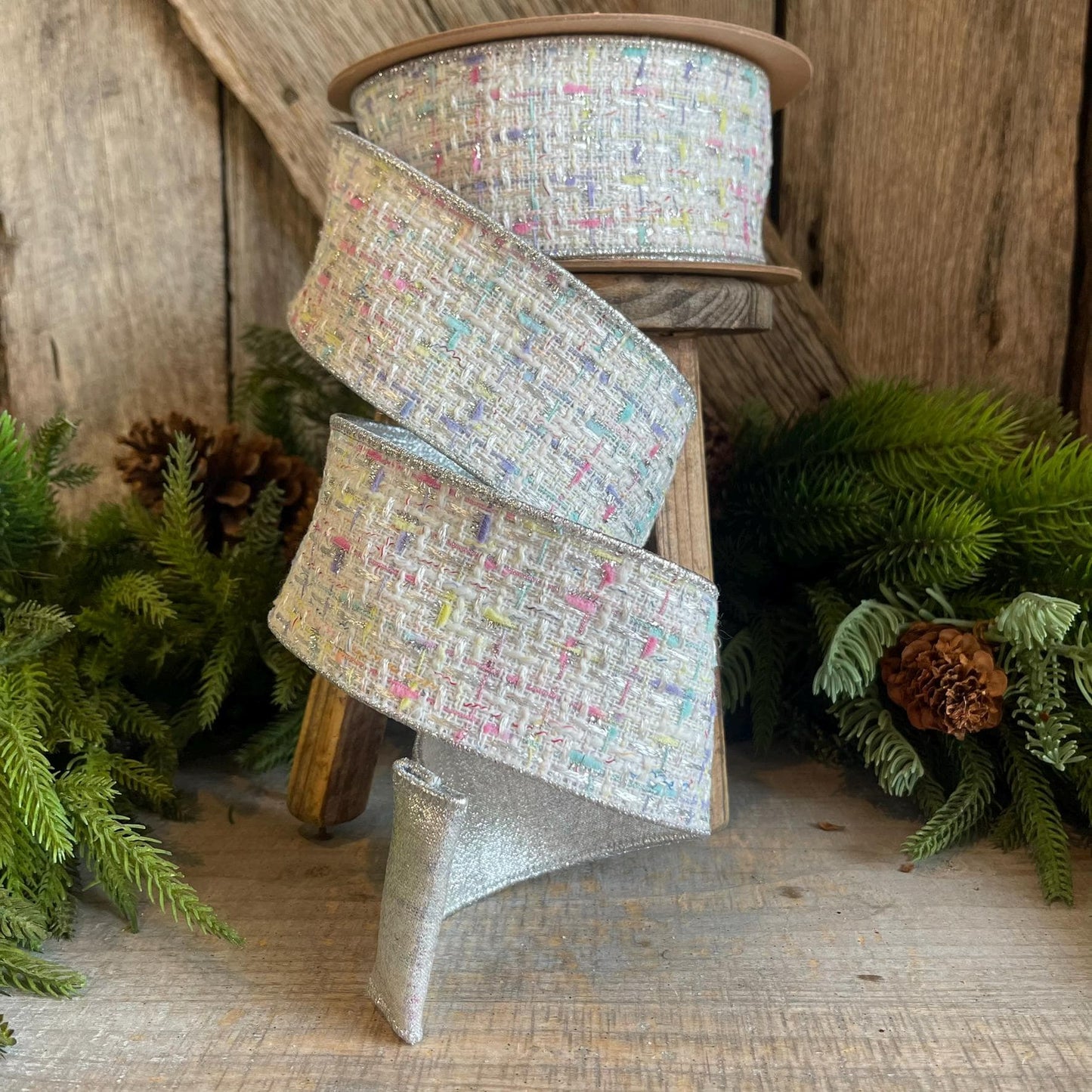 2.5" White Tweed Ribbon, Pastel Christmas Ribbon