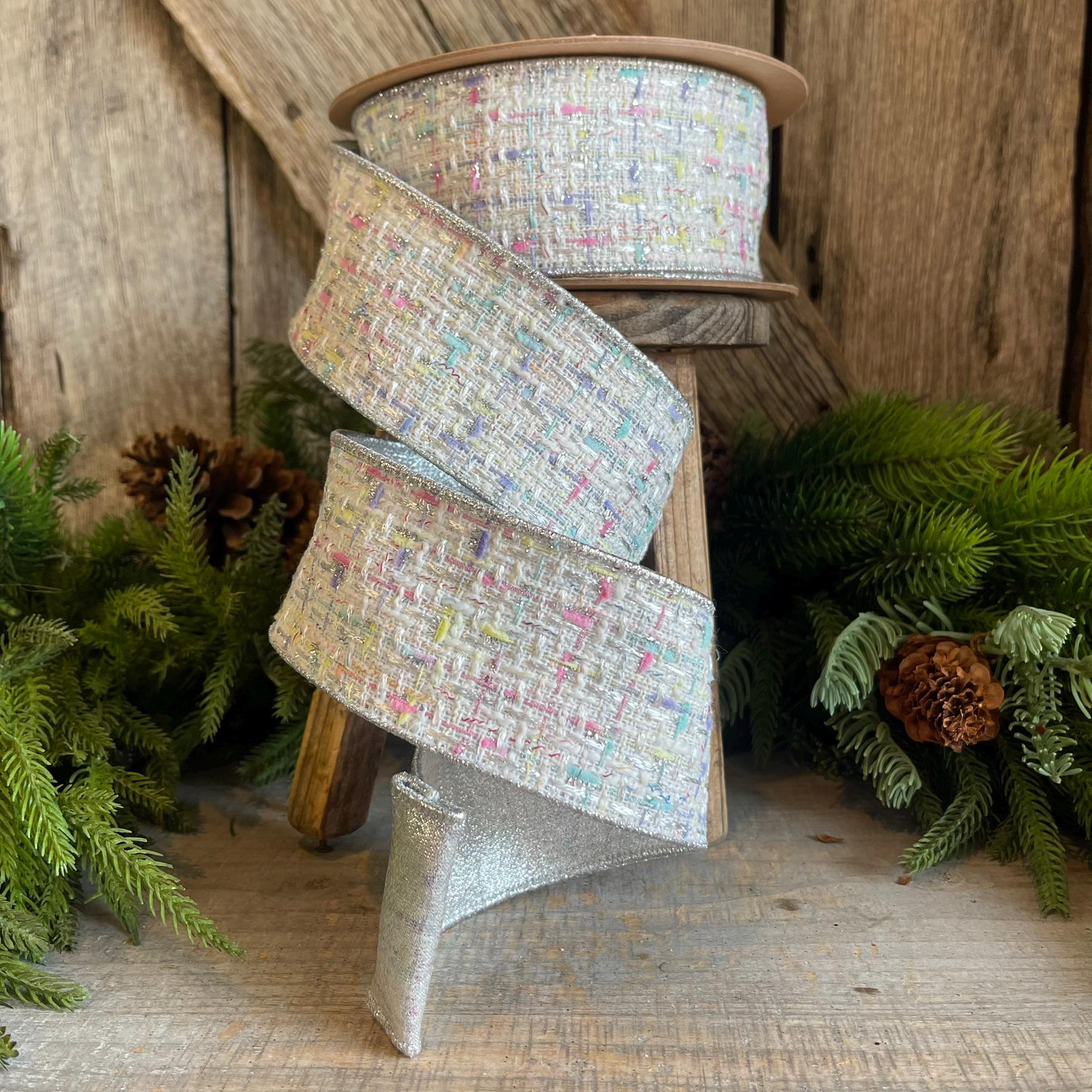 2.5" White Tweed Ribbon, Pastel Christmas Ribbon