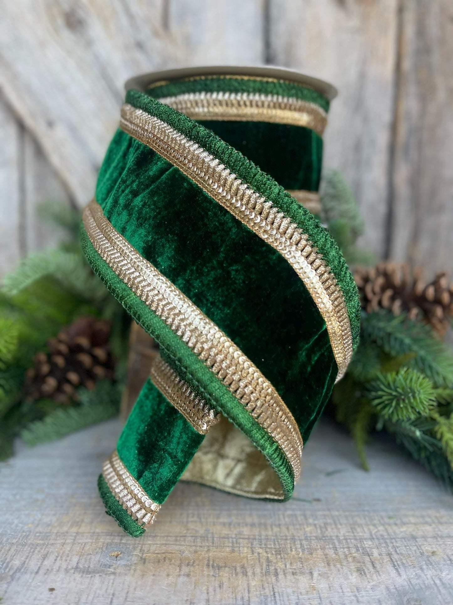 4" Emerald Green Gold Velvet, Farrisilk Ribbon