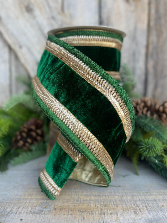 4" Emerald Green Gold Velvet, Farrisilk Ribbon, Royal Fringe Velvet, Christmas Velvet, Green Velvet, Christmas Tree Ribbon, RK315-55