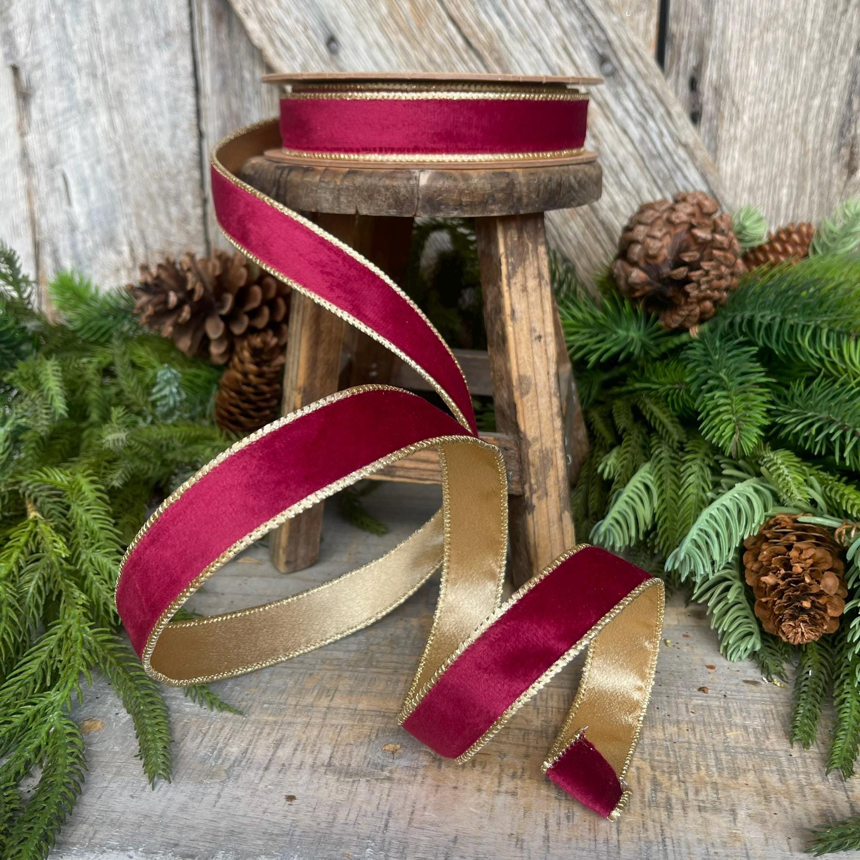 1" Burgundy Gold Velvet Ribbon, Burgundy Velvet Ribbon