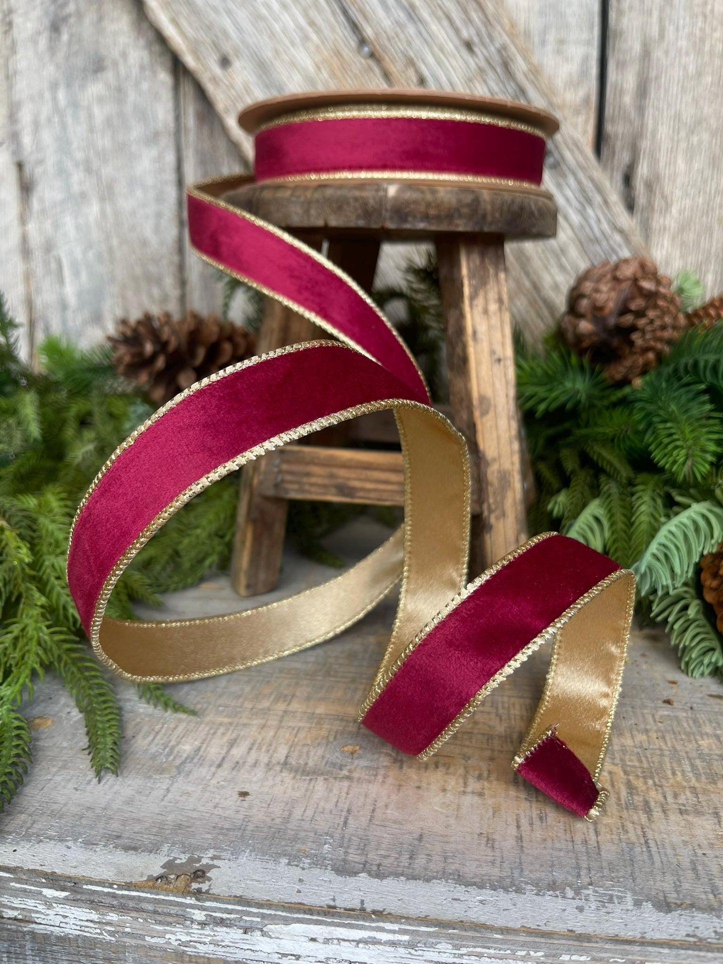 1" Burgundy Gold Velvet Ribbon, Burgundy Velvet Ribbon