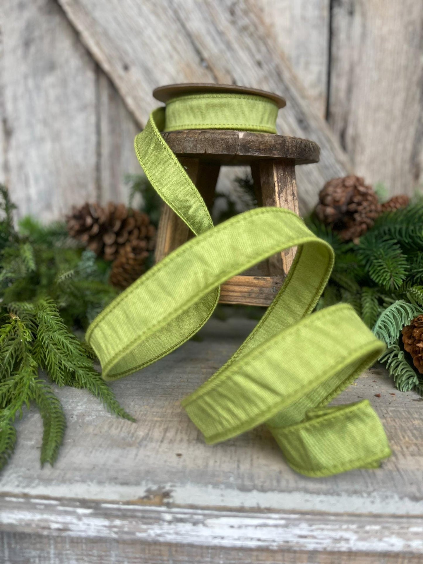 1" Moss Green Ribbon, Wired RIbbon, CHristmas RIbbon, Olive Green RIbbon, Green Grass Ribbon, Christmas Tree Ribbon, Dupioni Ribbon