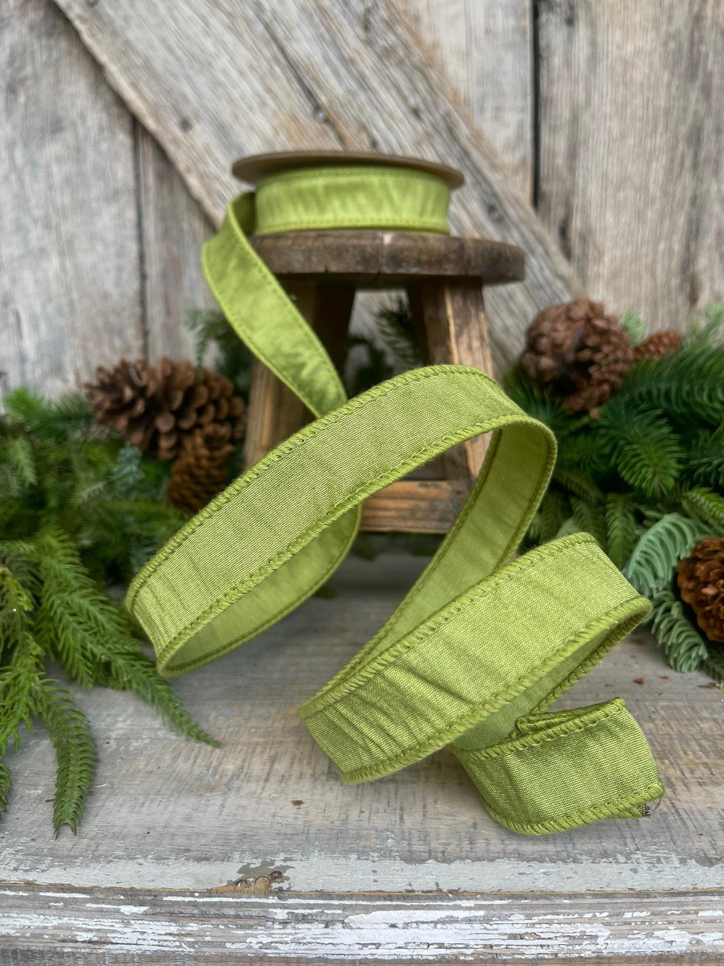 1" Moss Green Ribbon, Wired RIbbon, CHristmas RIbbon, Olive Green RIbbon, Green Grass Ribbon, Christmas Tree Ribbon, Dupioni Ribbon