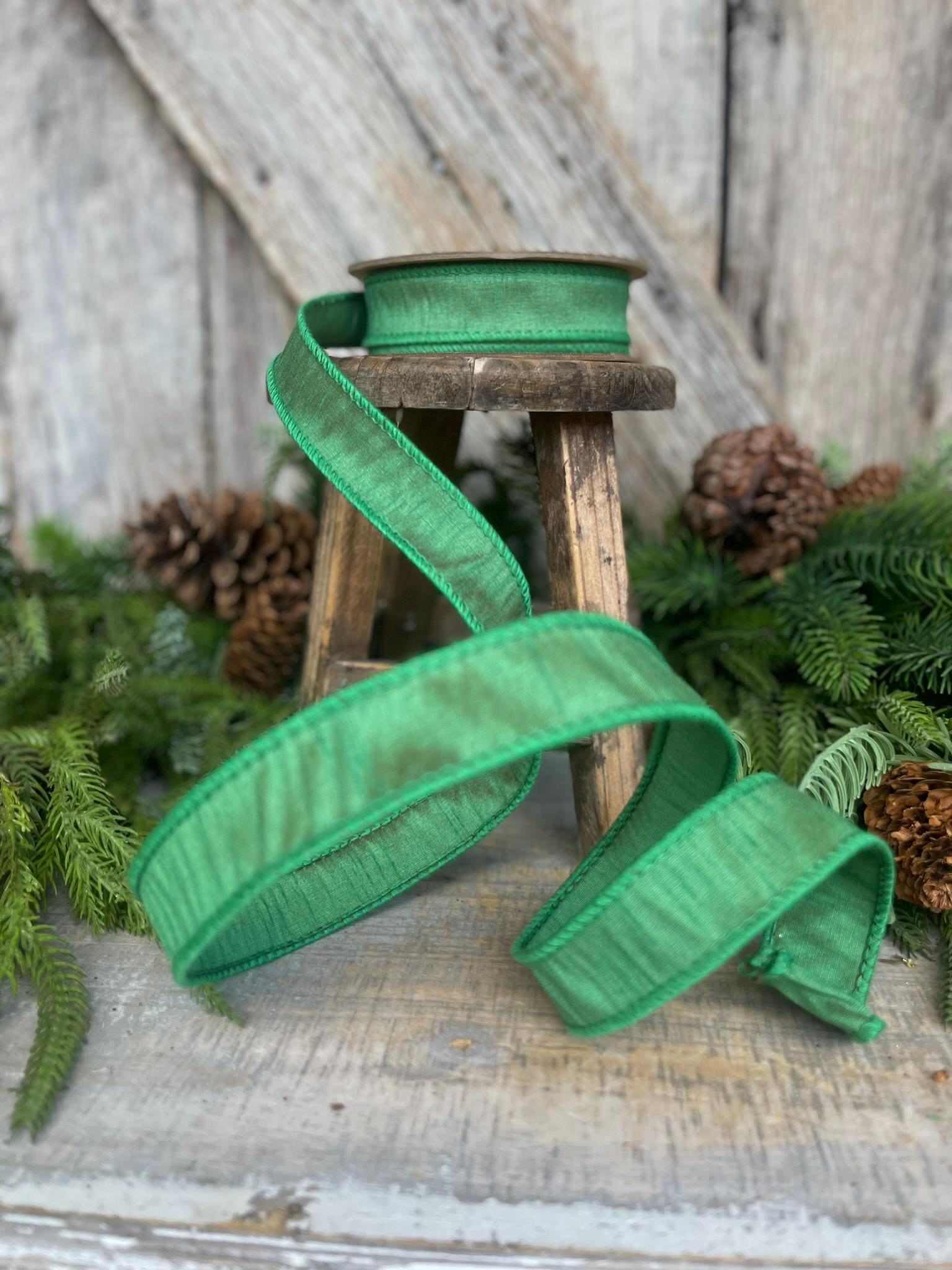 1" Emerald Green Dupioni Ribbon, Wired Ribbon