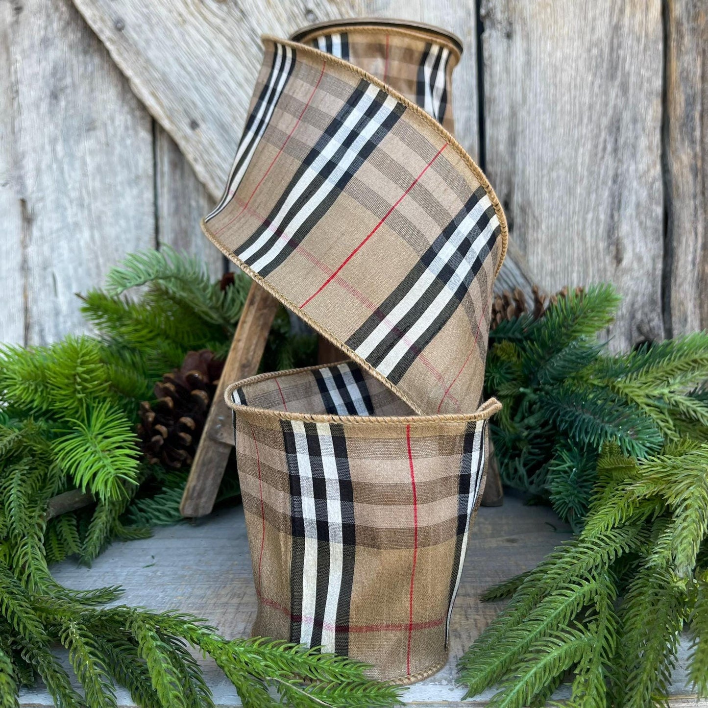 4” Burbank holiday plaid, brown black red plaid Christmas ribbon