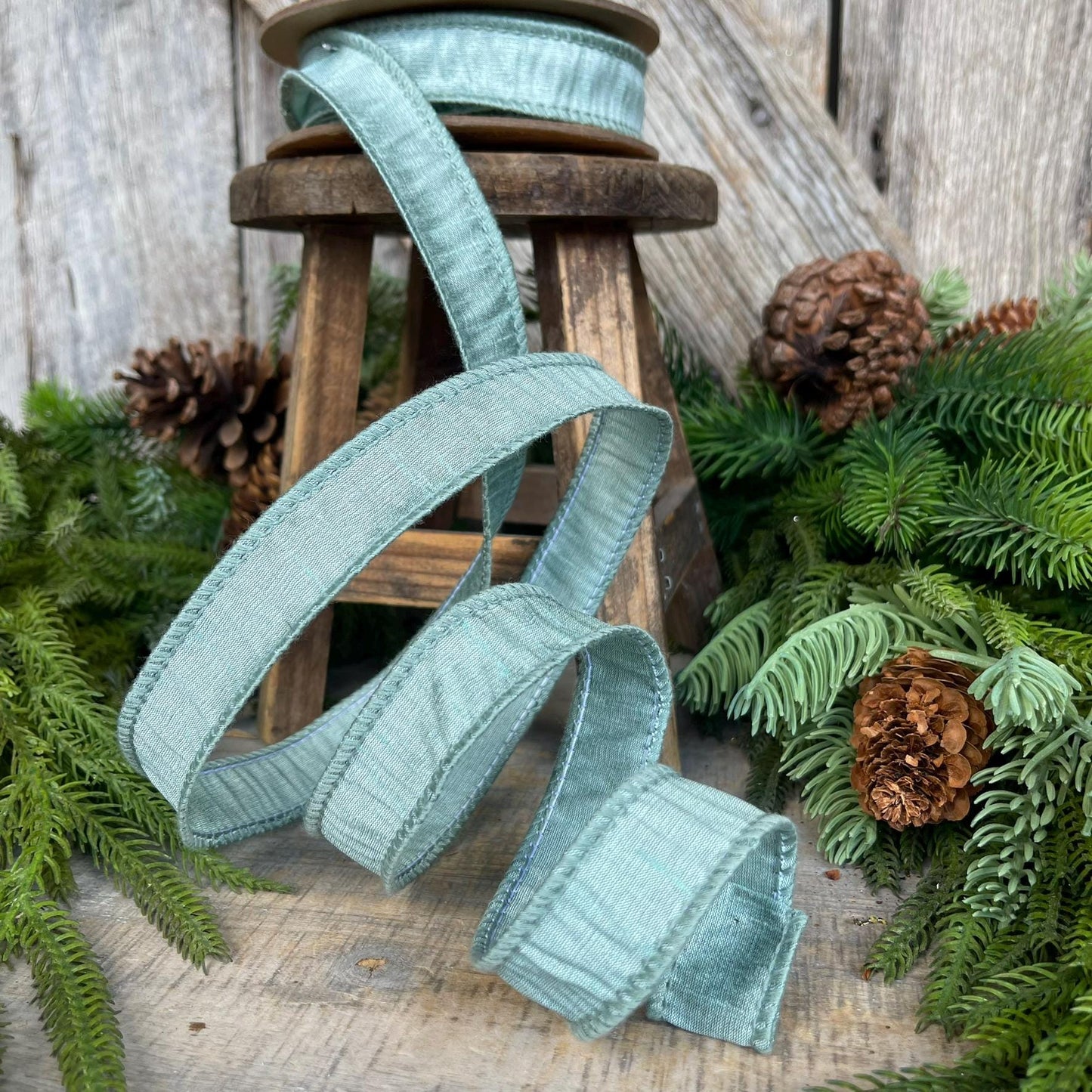 1" Seafoam Teal Dupioni Ribbon, Wired Ribbon