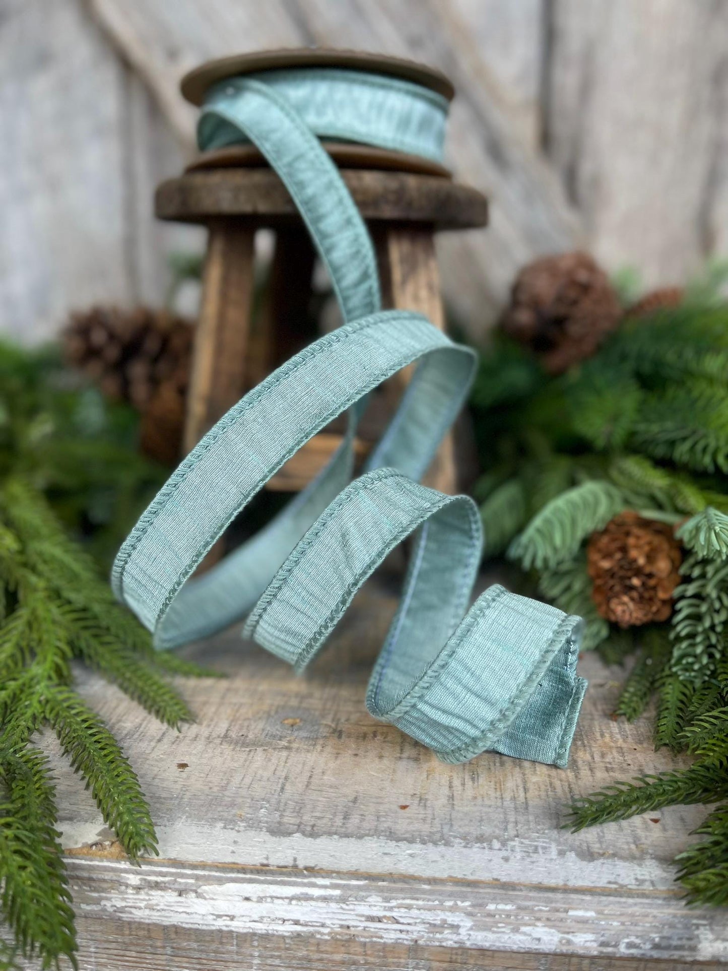 1" Seafoam Teal Dupioni Ribbon, Wired Ribbon