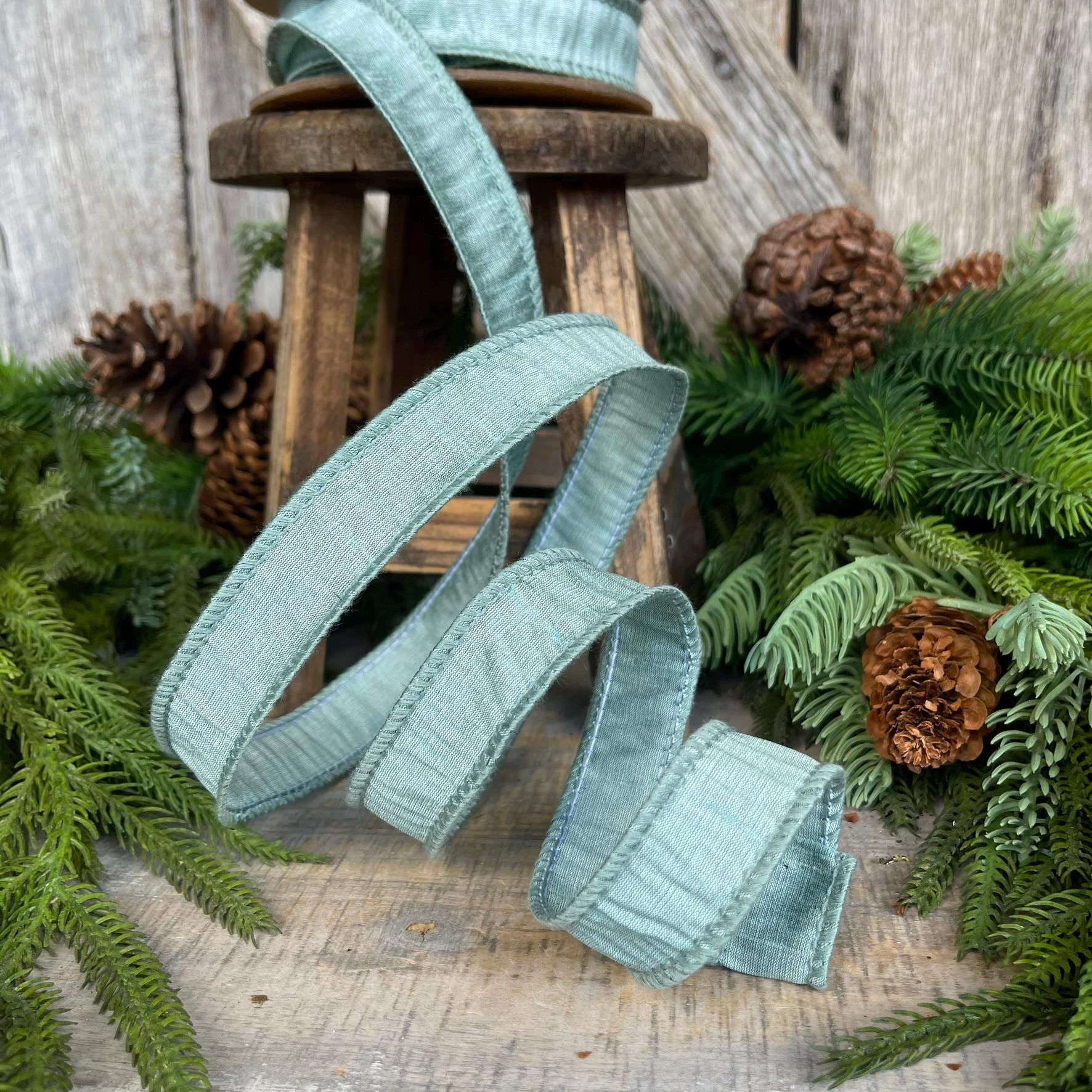 1" Seafoam Teal Dupioni Ribbon, Wired Ribbon