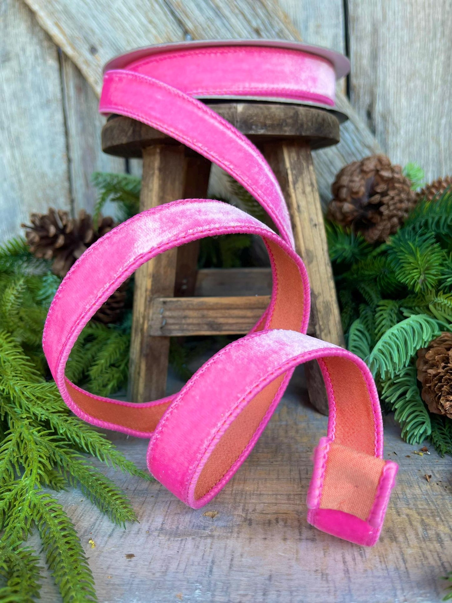 1" Pink Orange Sherbert Velvet, Farrisilk Ribbon