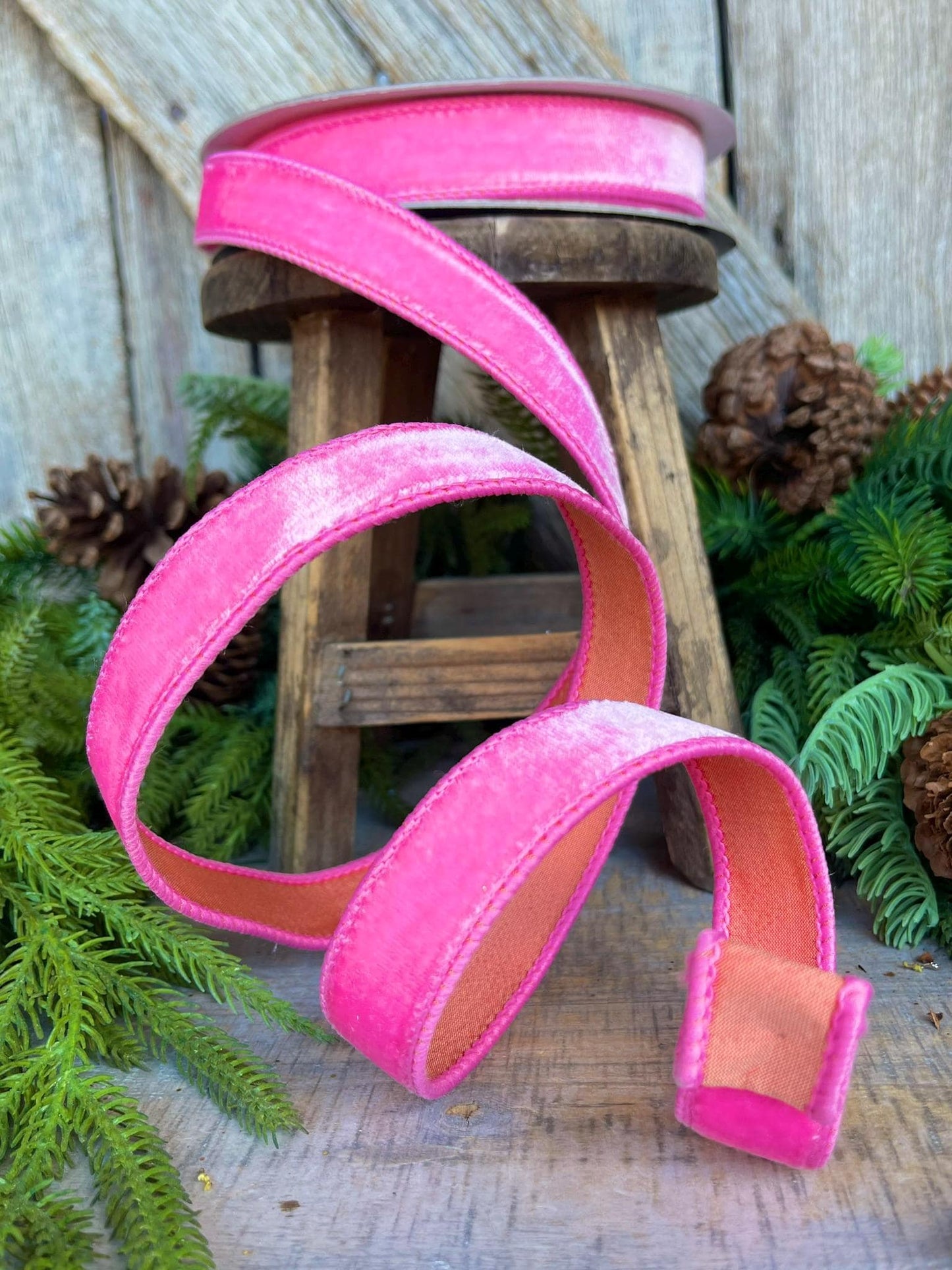 1" Pink Orange Sherbert Velvet, Farrisilk Ribbon