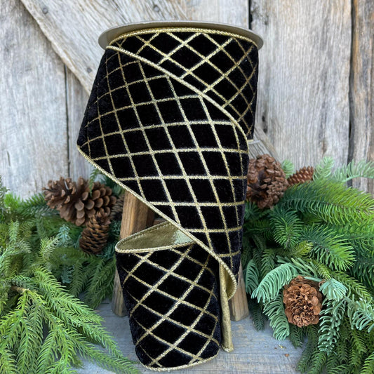 4" Black Gold Metallic Diamonds Velvet Ribbon, Farrisilk Ribbon