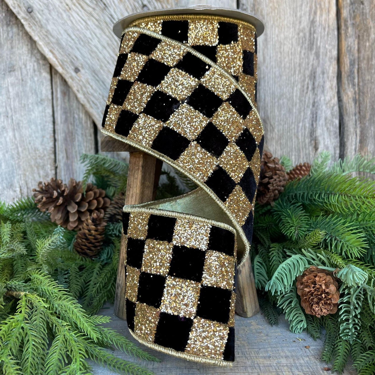 4" Black and Gold Chunky Glitter Checks, Christmas Tree Ribbon