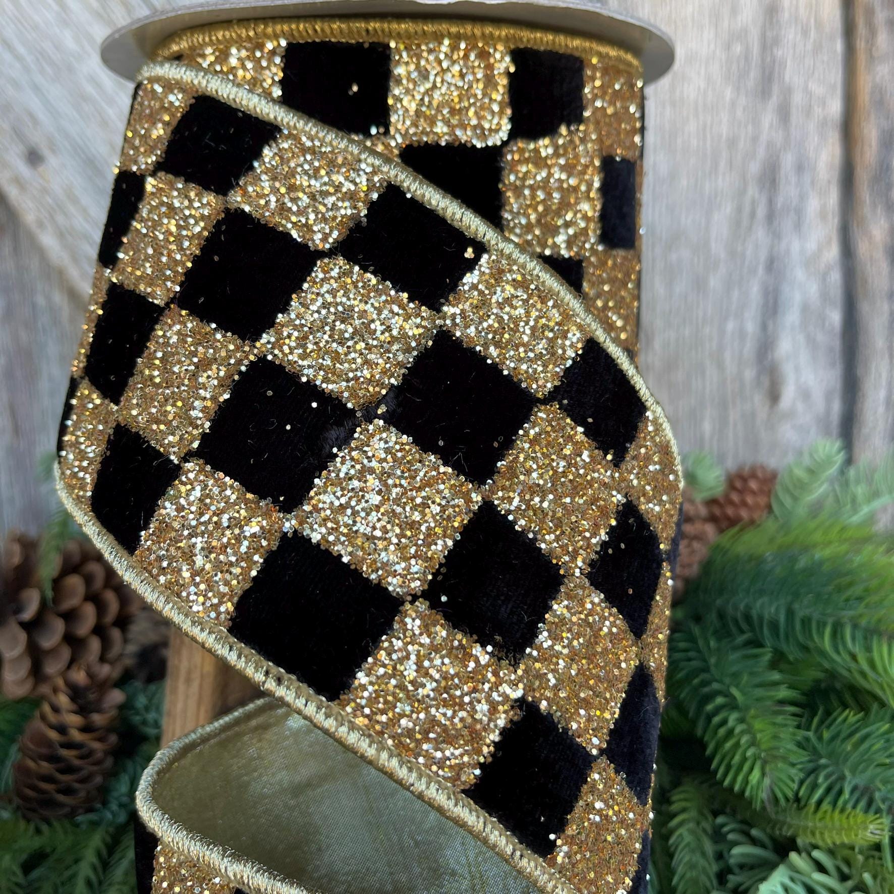 4" Black and Gold Chunky Glitter Checks, Christmas Tree Ribbon