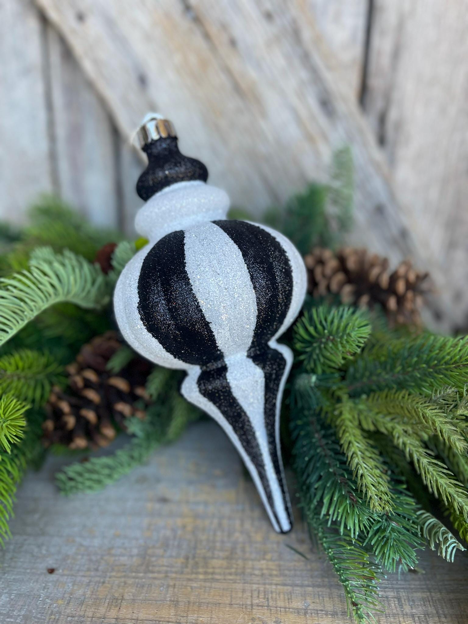 8" Black White Finial, Black White Ornament, Finial Ornament, Shatterproof Ornament, Striped Ornament, Christmas Ornament, 85950BKWT