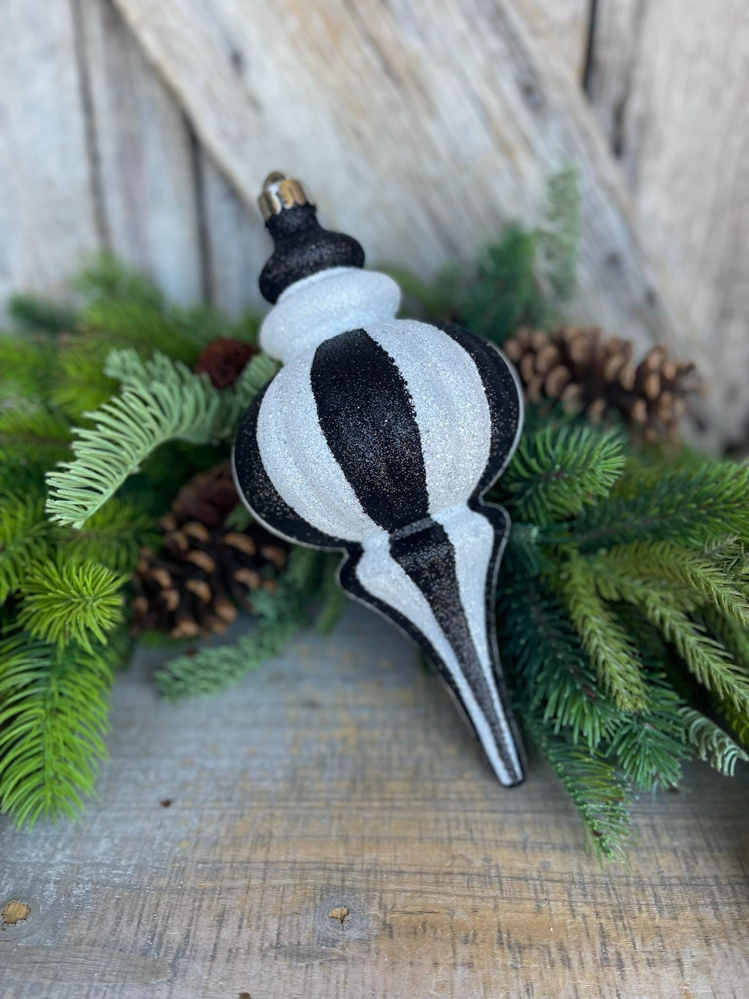 8" Black White Finial, Black White Ornament, Finial Ornament, Shatterproof Ornament, Striped Ornament, Christmas Ornament, 85950BKWT