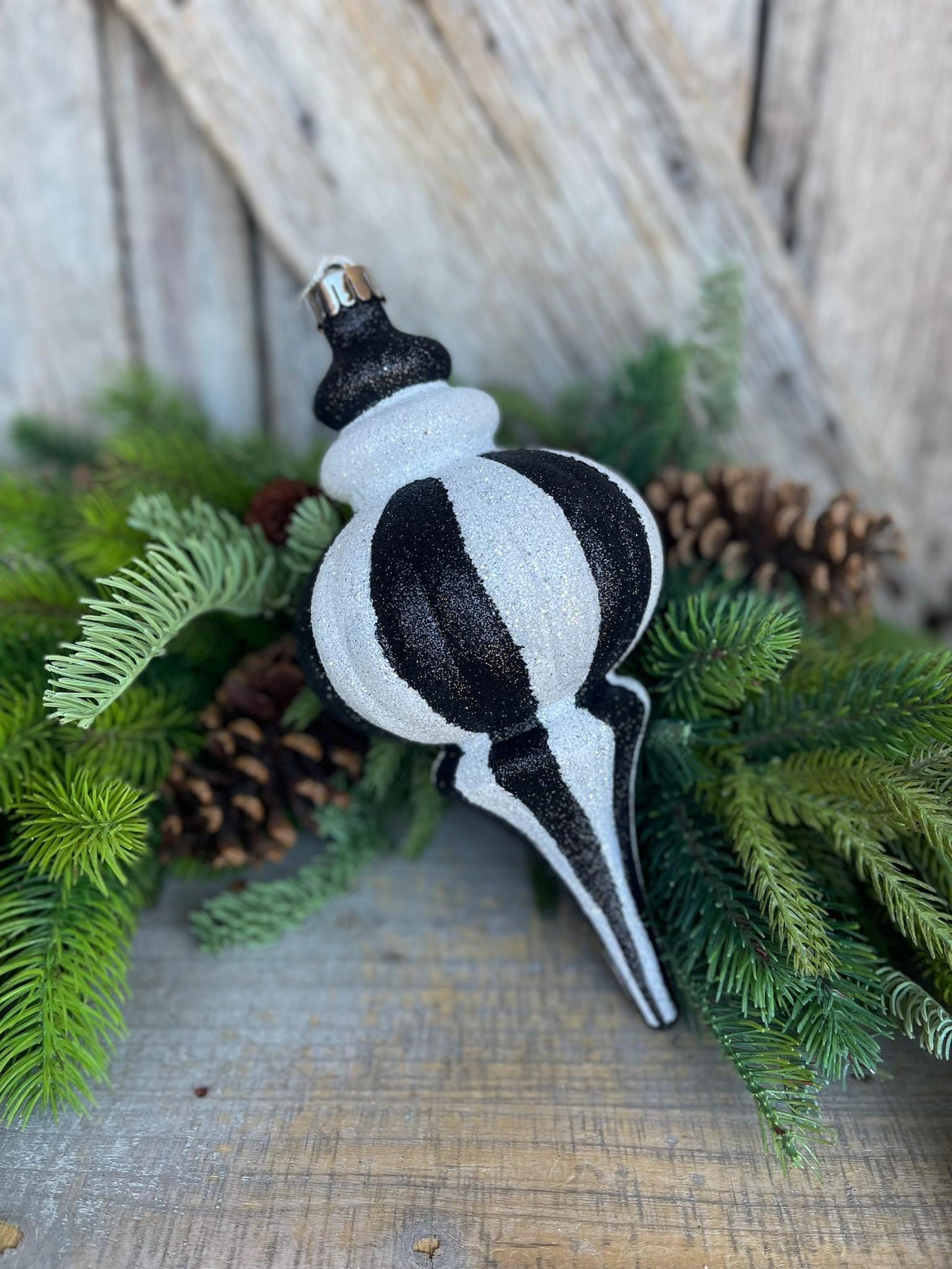 8" Black White Finial, Black White Ornament, Finial Ornament, Shatterproof Ornament, Striped Ornament, Christmas Ornament, 85950BKWT