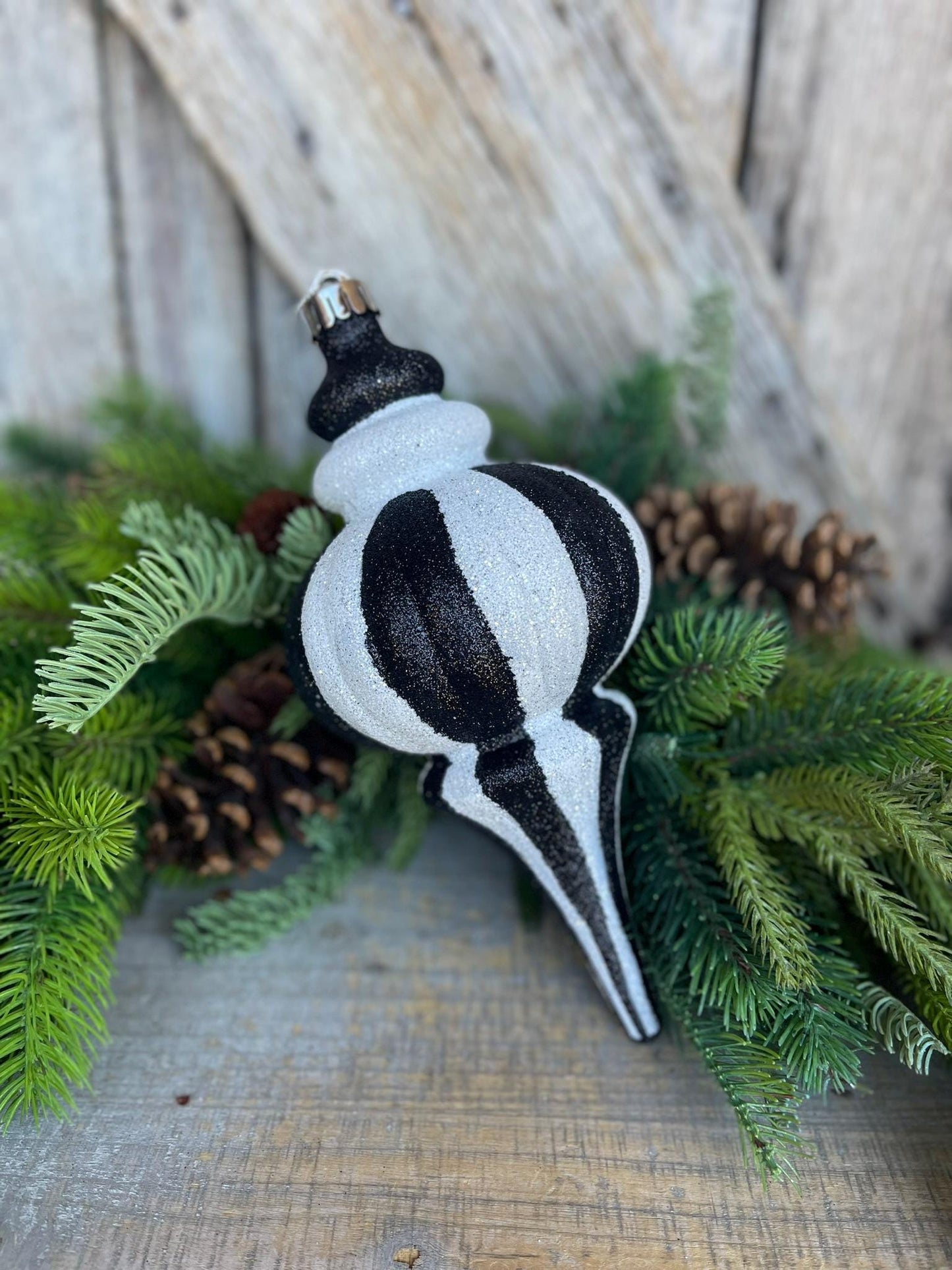 8" Black White Finial, Black White Ornament, Finial Ornament, Shatterproof Ornament, Striped Ornament, Christmas Ornament, 85950BKWT