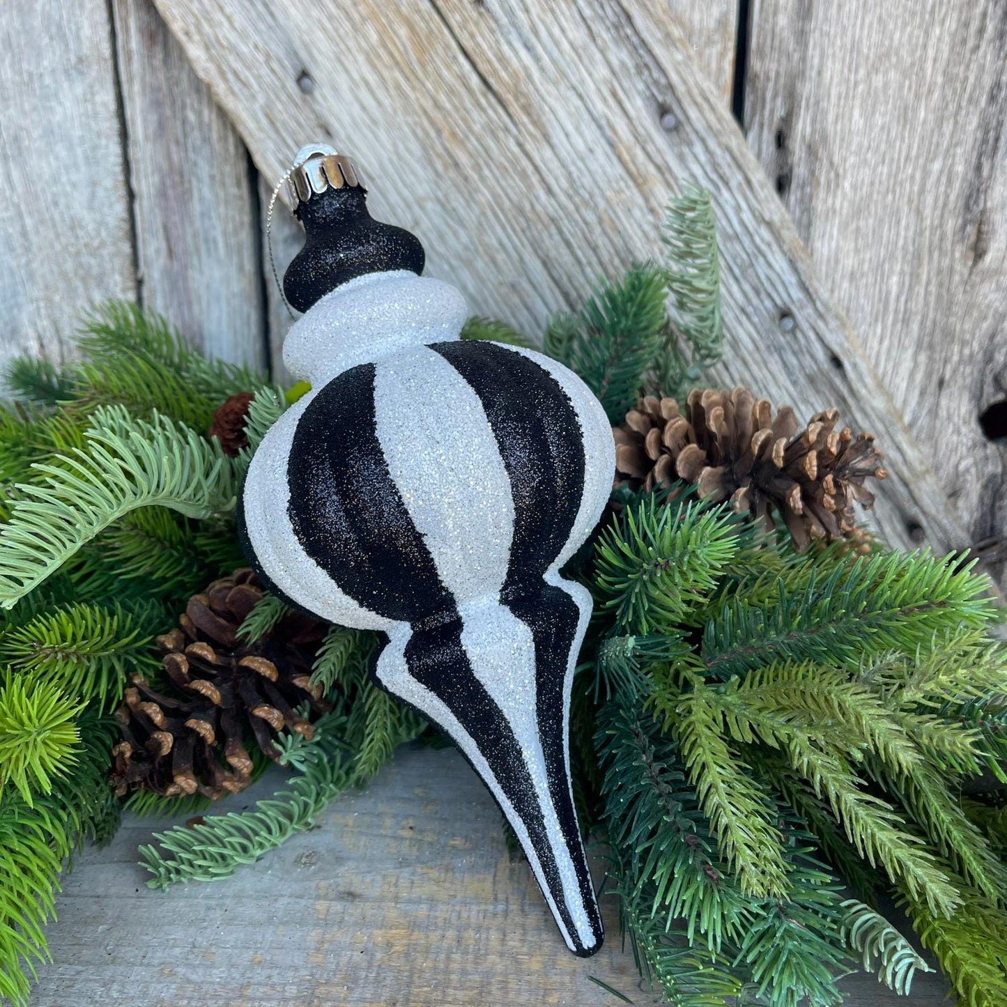 8" Black White Finial, Black White Ornament, Finial Ornament, Shatterproof Ornament, Striped Ornament, Christmas Ornament, 85950BKWT