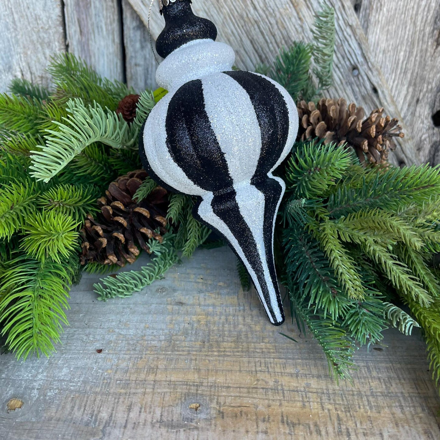 8" Black White Finial, Black White Ornament, Finial Ornament, Shatterproof Ornament, Striped Ornament, Christmas Ornament, 85950BKWT