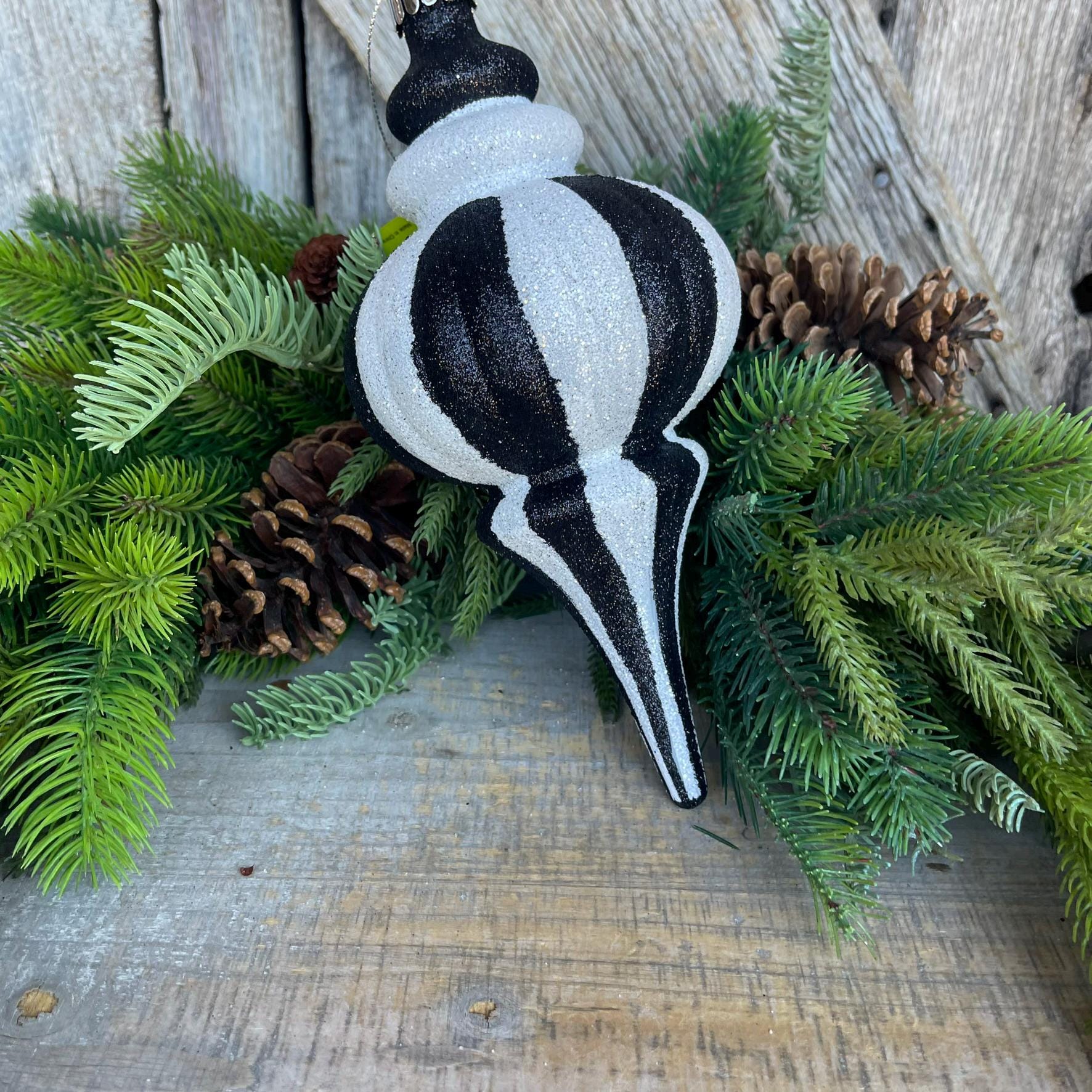 8" Black White Finial, Black White Ornament, Finial Ornament, Shatterproof Ornament, Striped Ornament, Christmas Ornament, 85950BKWT