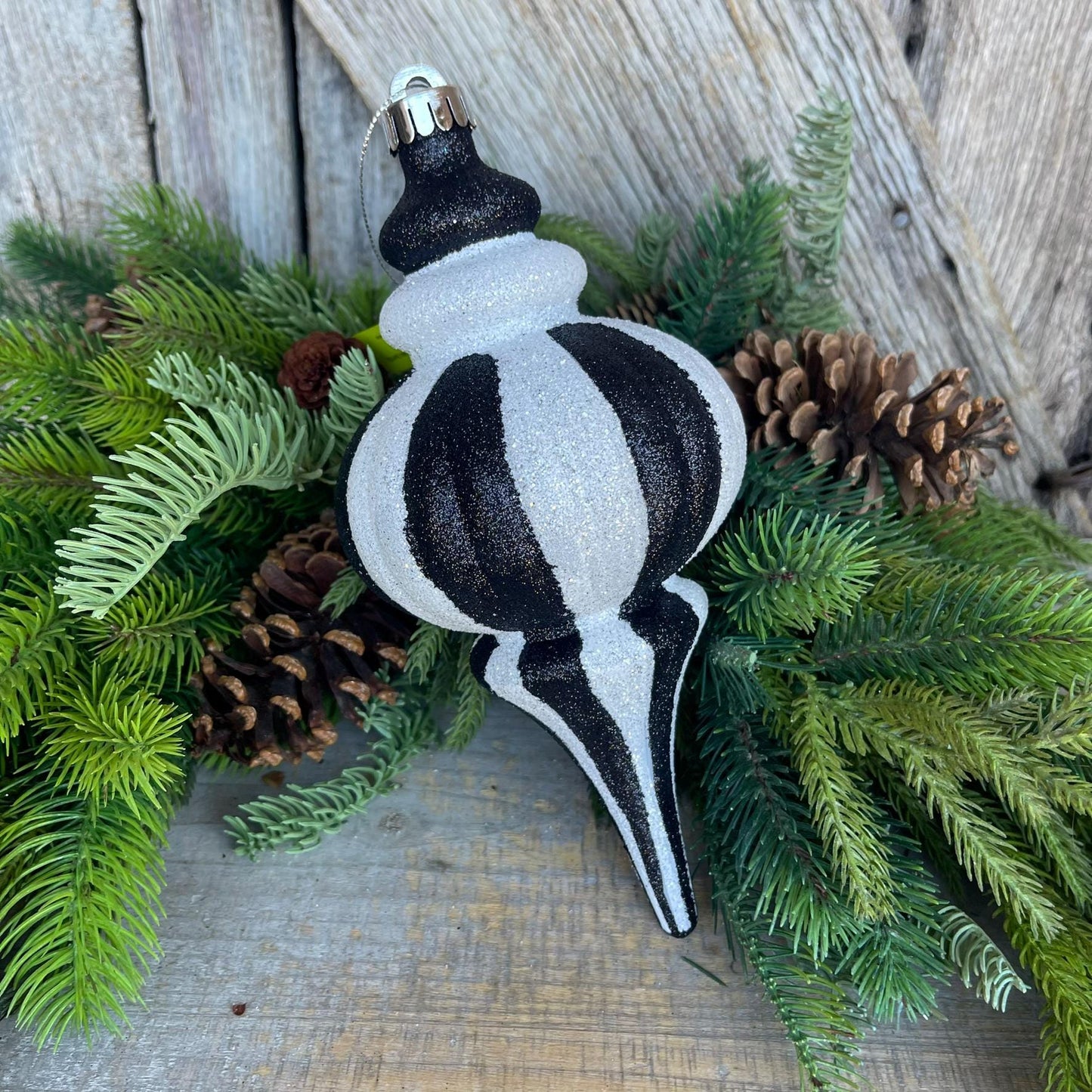 8" Black White Finial, Black White Ornament, Finial Ornament, Shatterproof Ornament, Striped Ornament, Christmas Ornament, 85950BKWT