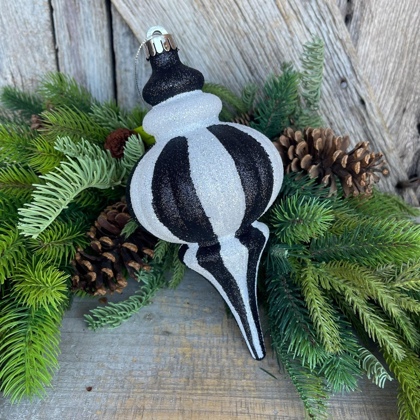 8" Black White Finial, Black White Ornament, Finial Ornament, Shatterproof Ornament, Striped Ornament, Christmas Ornament, 85950BKWT