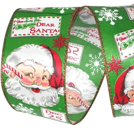 2.5" Vintage Santa Ribbon, Dear Sata Ribbon, Retro Santa Ribbon, Wired Ribbon, Green Santa Ribbon, Christmas Ribbon