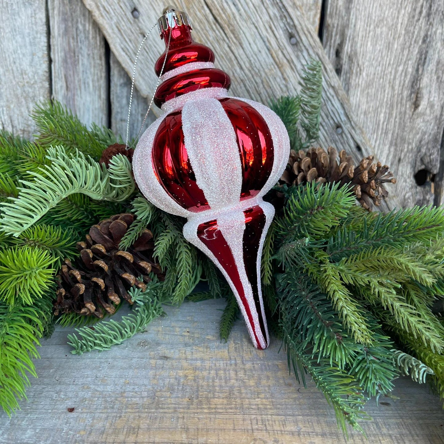 10" Red White Finial, Peppermint Ornament