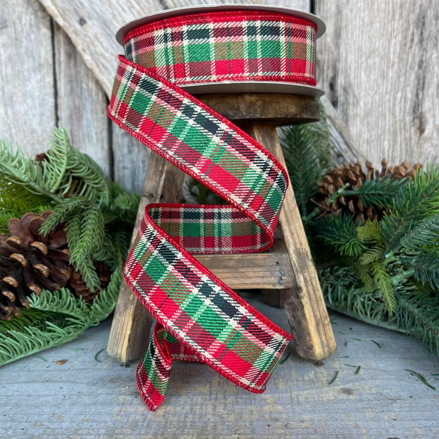 1.5" Red Green Country Twill Ribbon, Christmas Plaid Ribbon