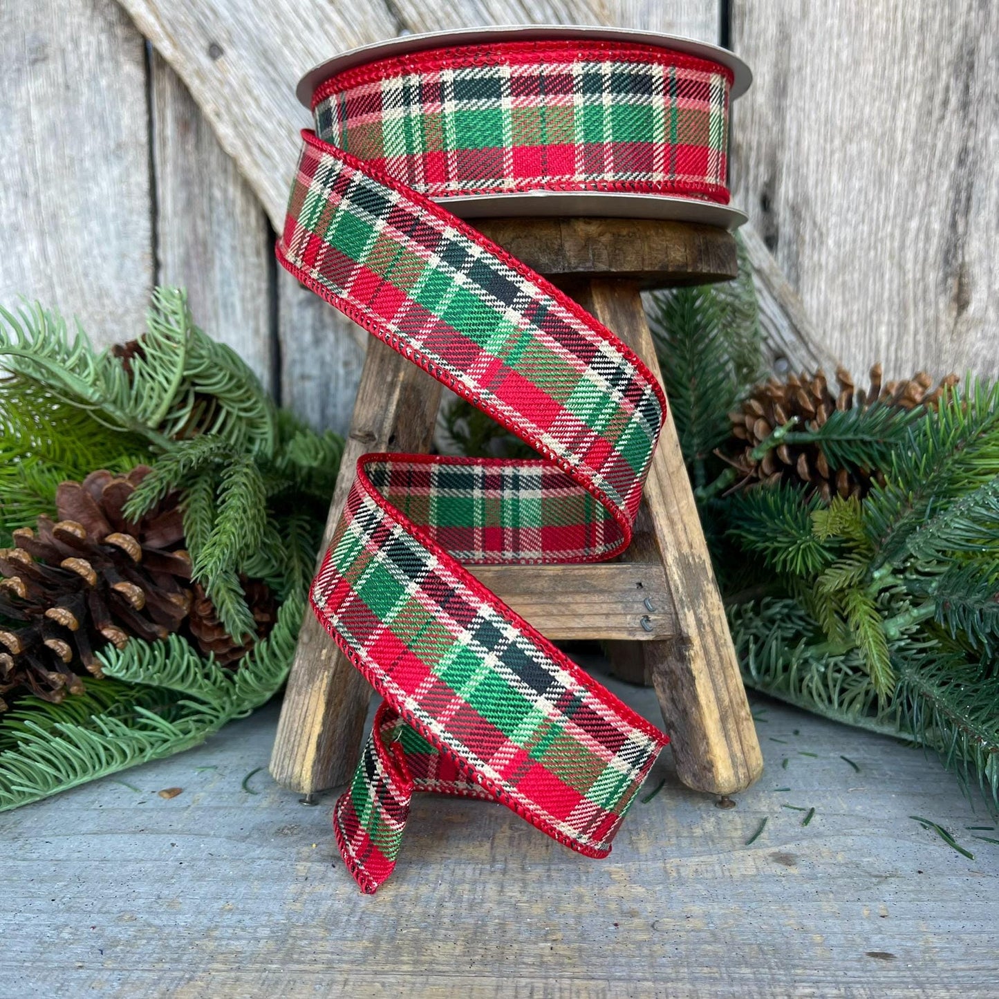 1.5" Red Green Country Twill Ribbon, Christmas Plaid Ribbon