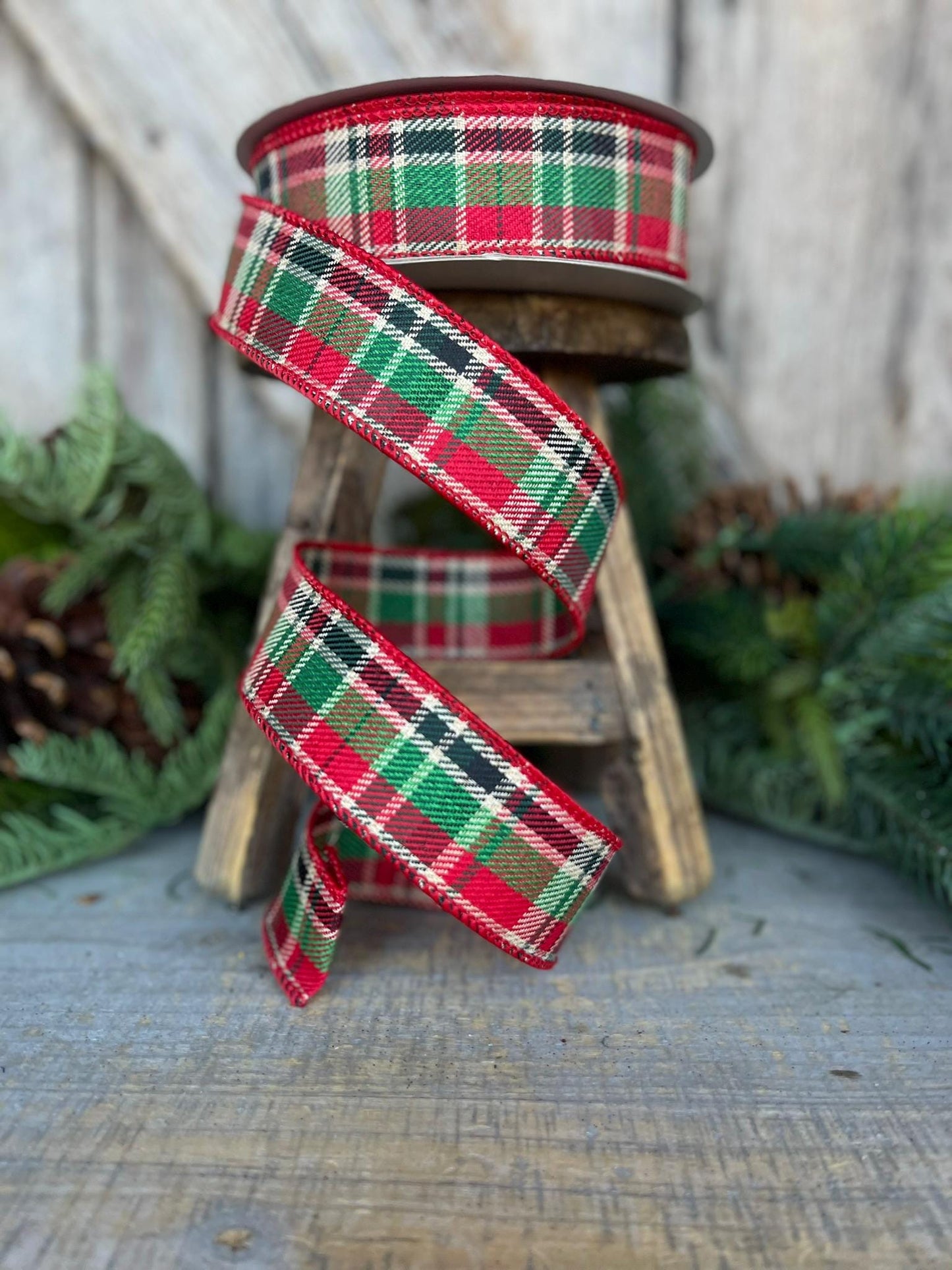 1.5" Red Green Country Twill Ribbon, Christmas Plaid Ribbon