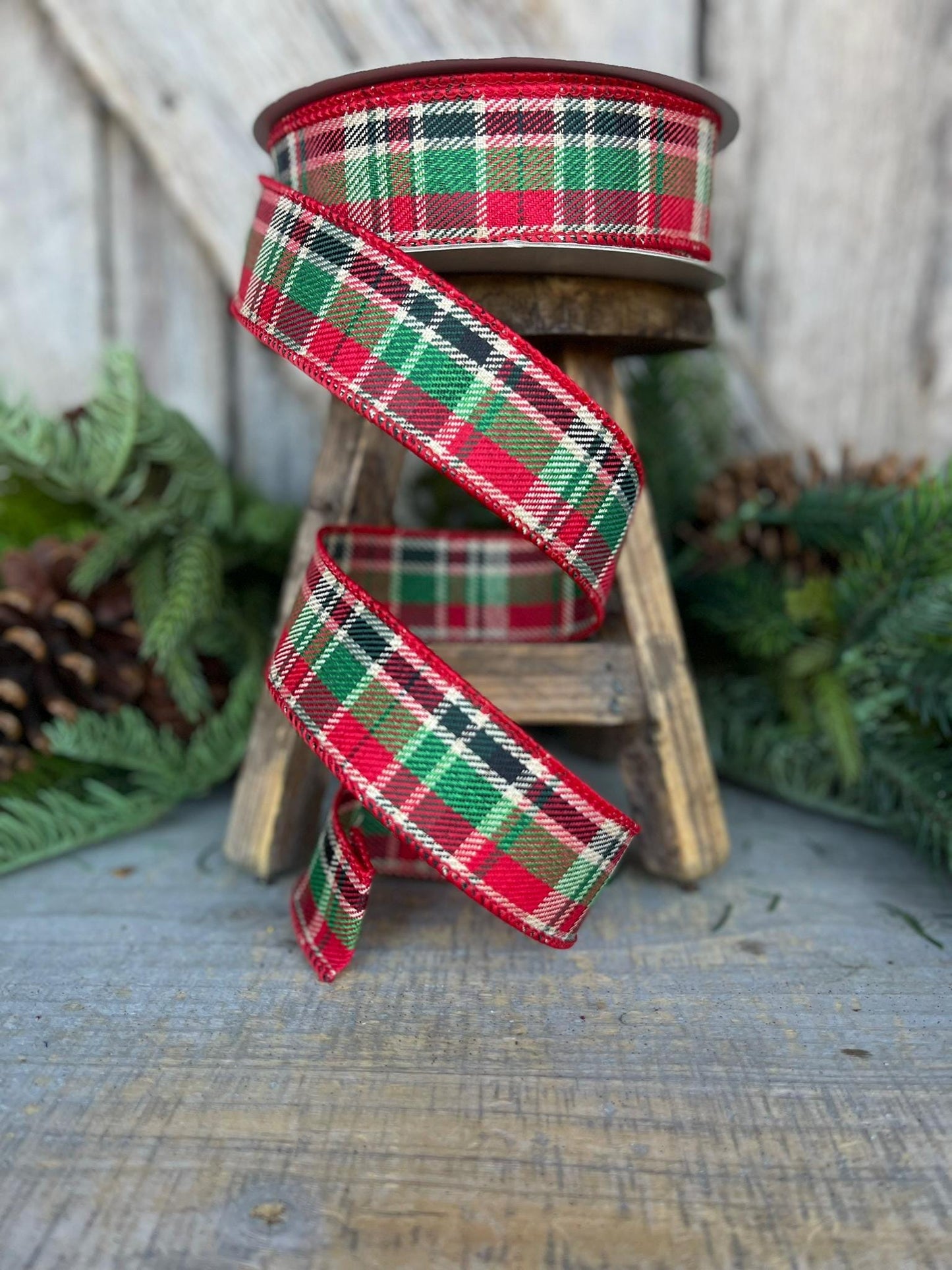 1.5" Red Green Country Twill Ribbon, Christmas Plaid Ribbon