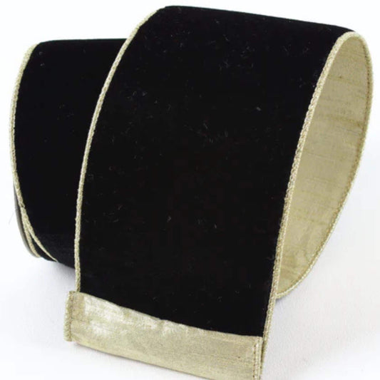 4" Black Flashy Velvet, Farrisilk Ribbon, Wired Ribbon, Black Velvet Ribbon, Black and Gold Velvet, Christmas Ribbon,Wreath Supply