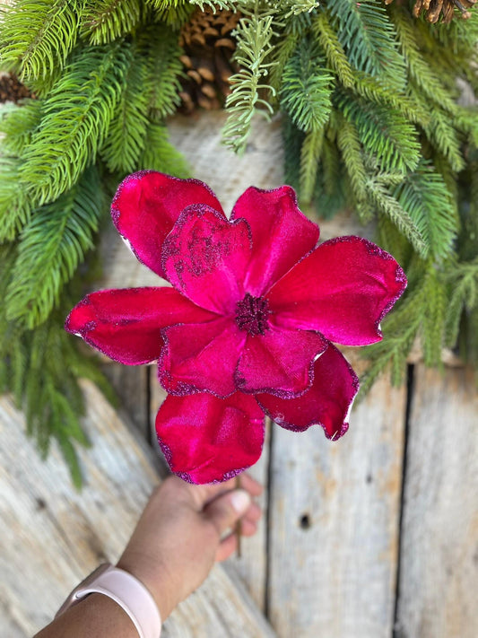 14" Hot Pink Velvet Magnolia, Christmas Magnolia, Faux Magnolia Stem, Glitz Magnolia, Hot Pink Christmas Floral, Christmas Tree Floral