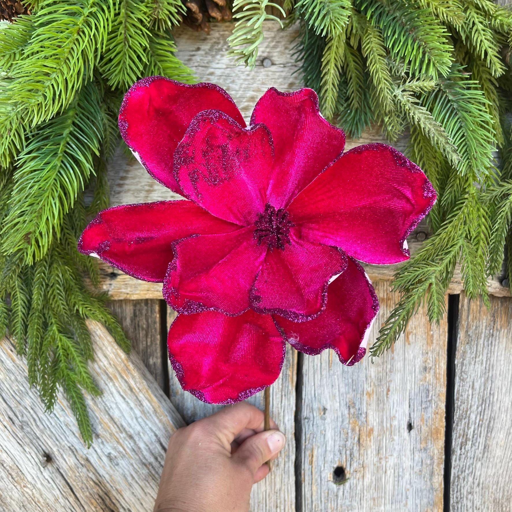 14" Hot Pink Velvet Magnolia, Christmas Magnolia